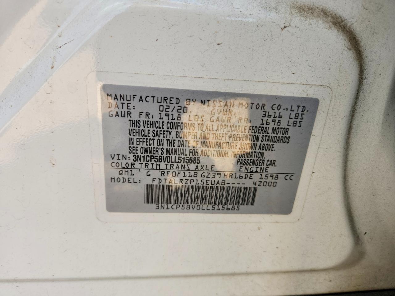 2020 Nissan Kicks S White vin: 3N1CP5BV0LL515685