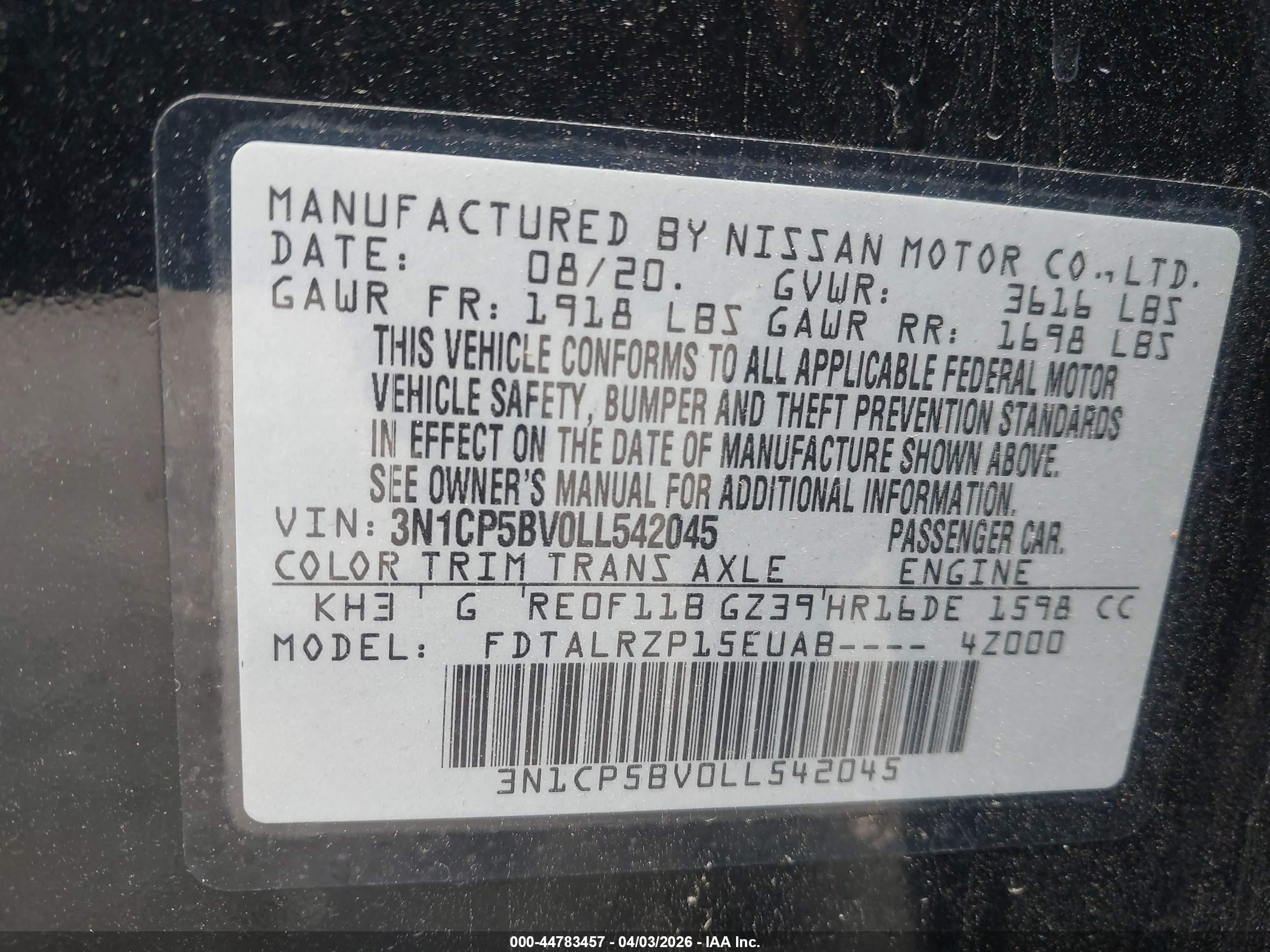2020 Nissan Kicks S Xtronic Cvt Черный vin: 3N1CP5BV0LL542045