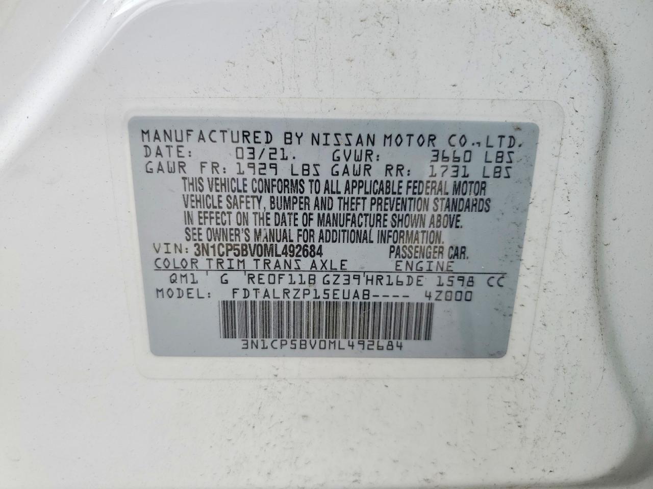 2021 Nissan Kicks S White vin: 3N1CP5BV0ML492684