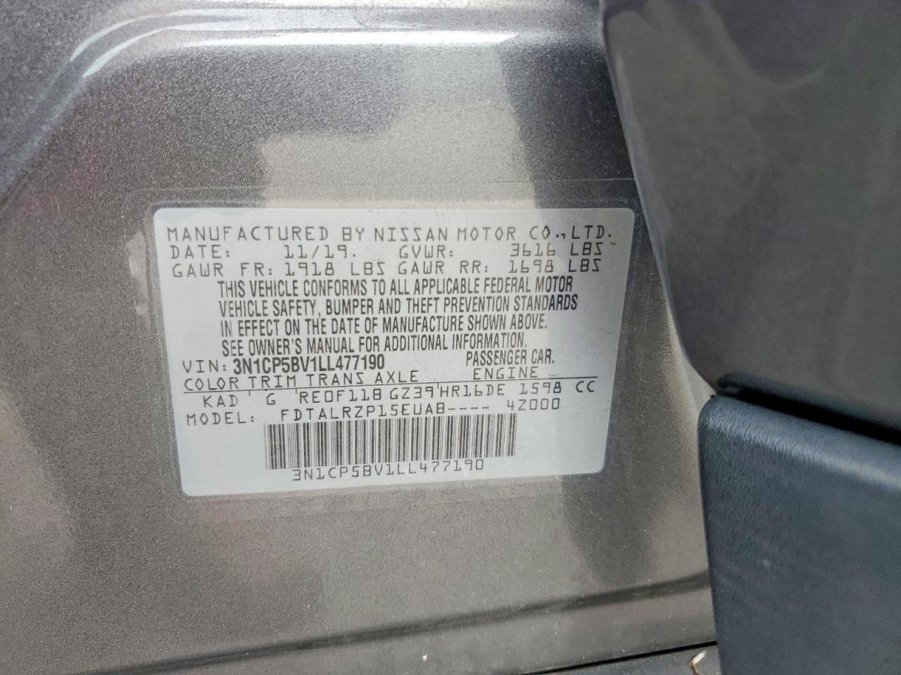 2020 Nissan Kicks S Серый vin: 3N1CP5BV1LL477190