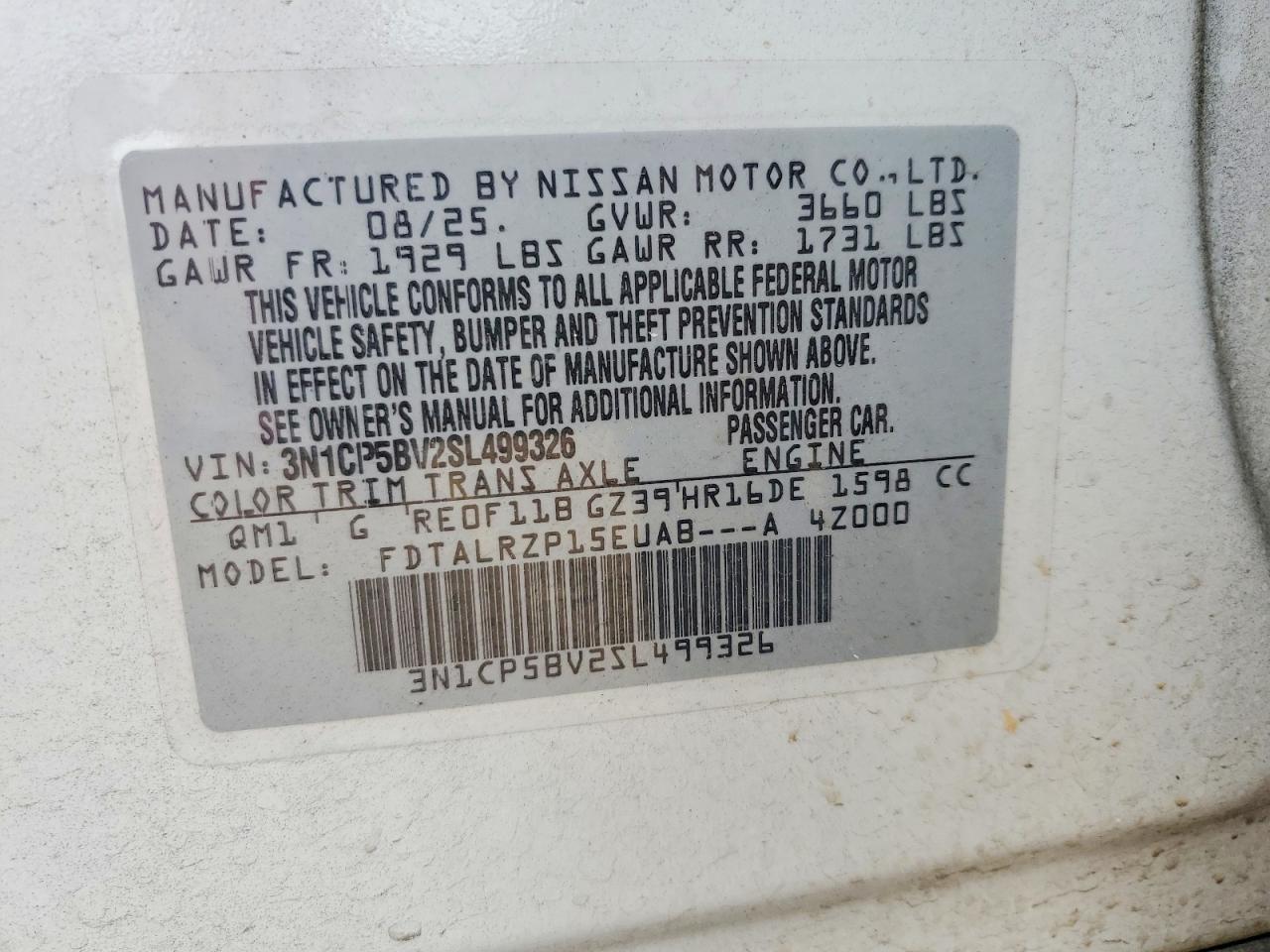 2025 Nissan Kicks Play S White vin: 3N1CP5BV2SL499326