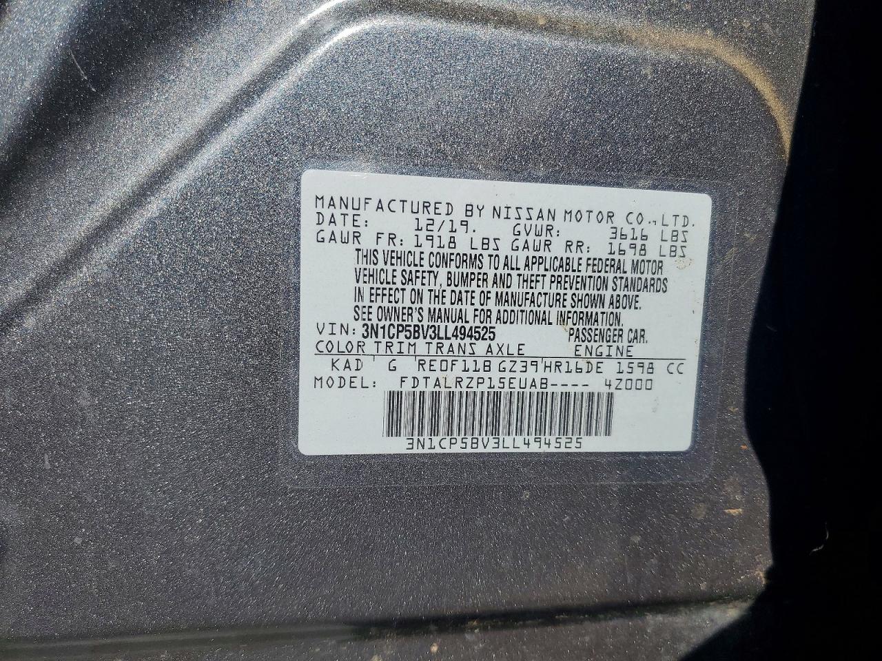2020 Nissan Kicks S Charcoal vin: 3N1CP5BV3LL494525