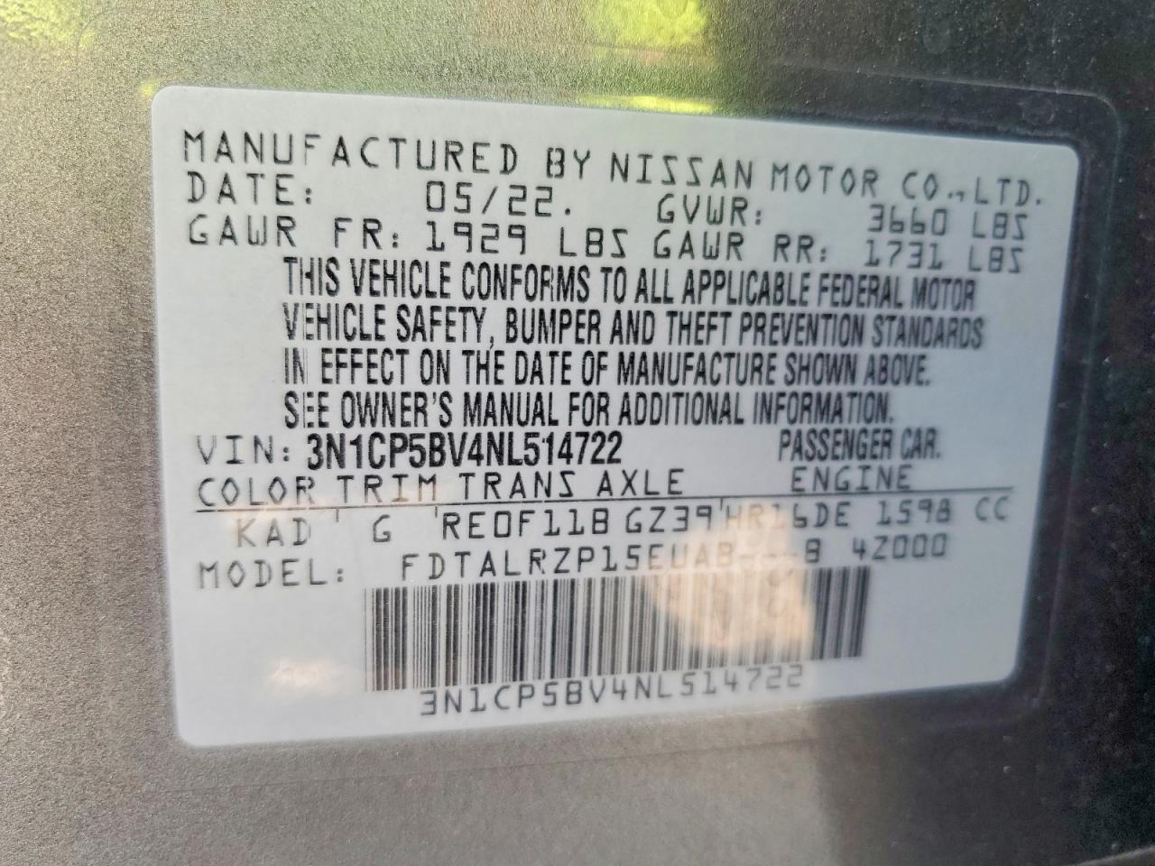 2022 Nissan Kicks S Gray vin: 3N1CP5BV4NL514722