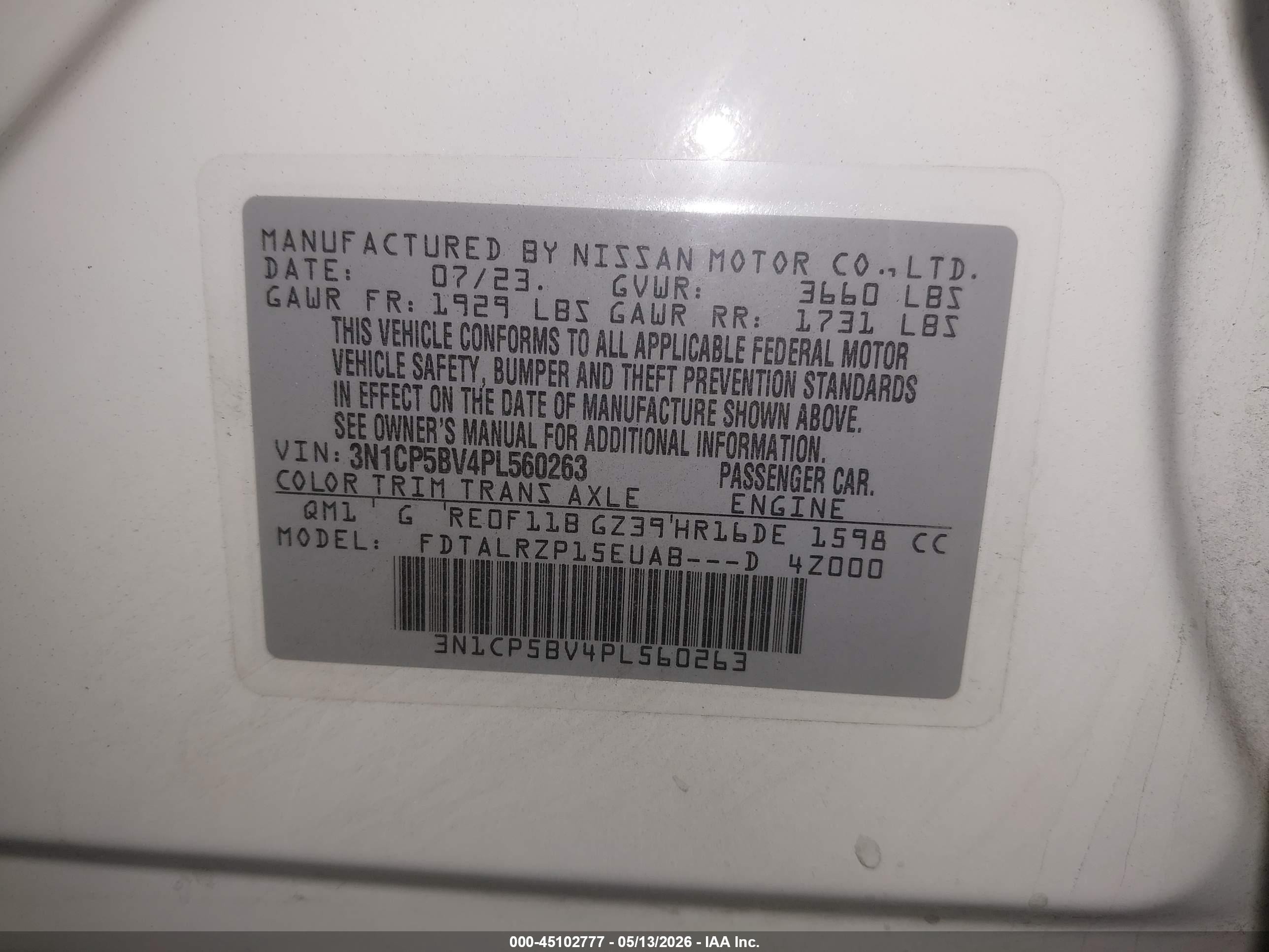2023 Nissan Kicks S Xtronic Cvt White vin: 3N1CP5BV4PL560263