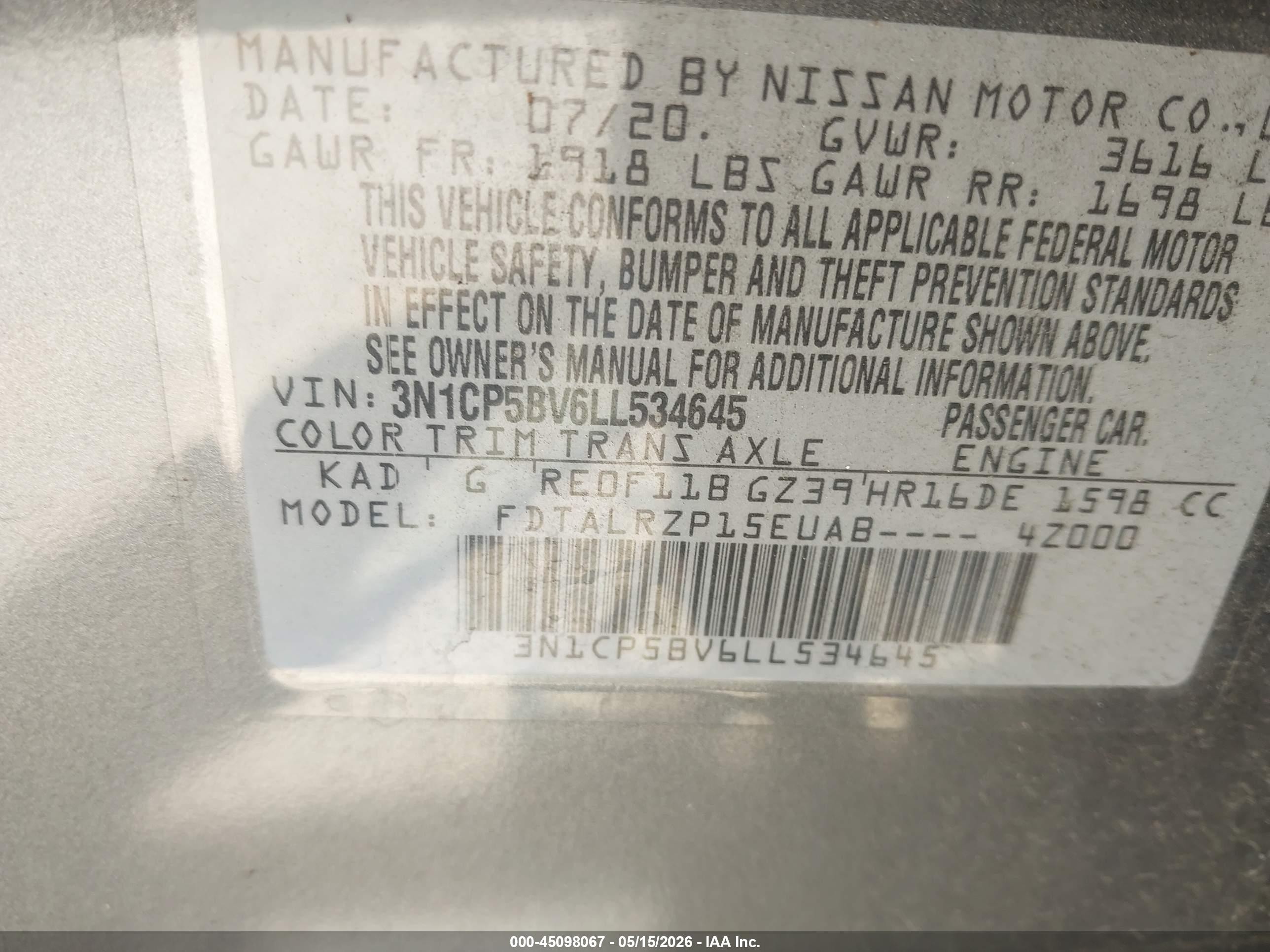 2020 Nissan Kicks S Xtronic Cvt Gray vin: 3N1CP5BV6LL534645