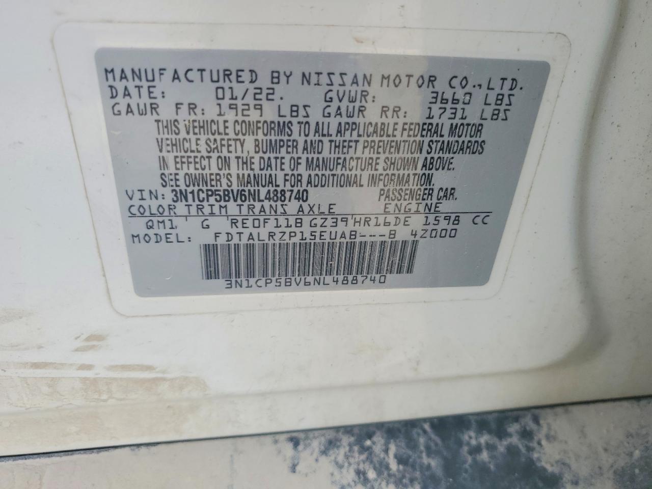 2022 Nissan Kicks S White vin: 3N1CP5BV6NL488740