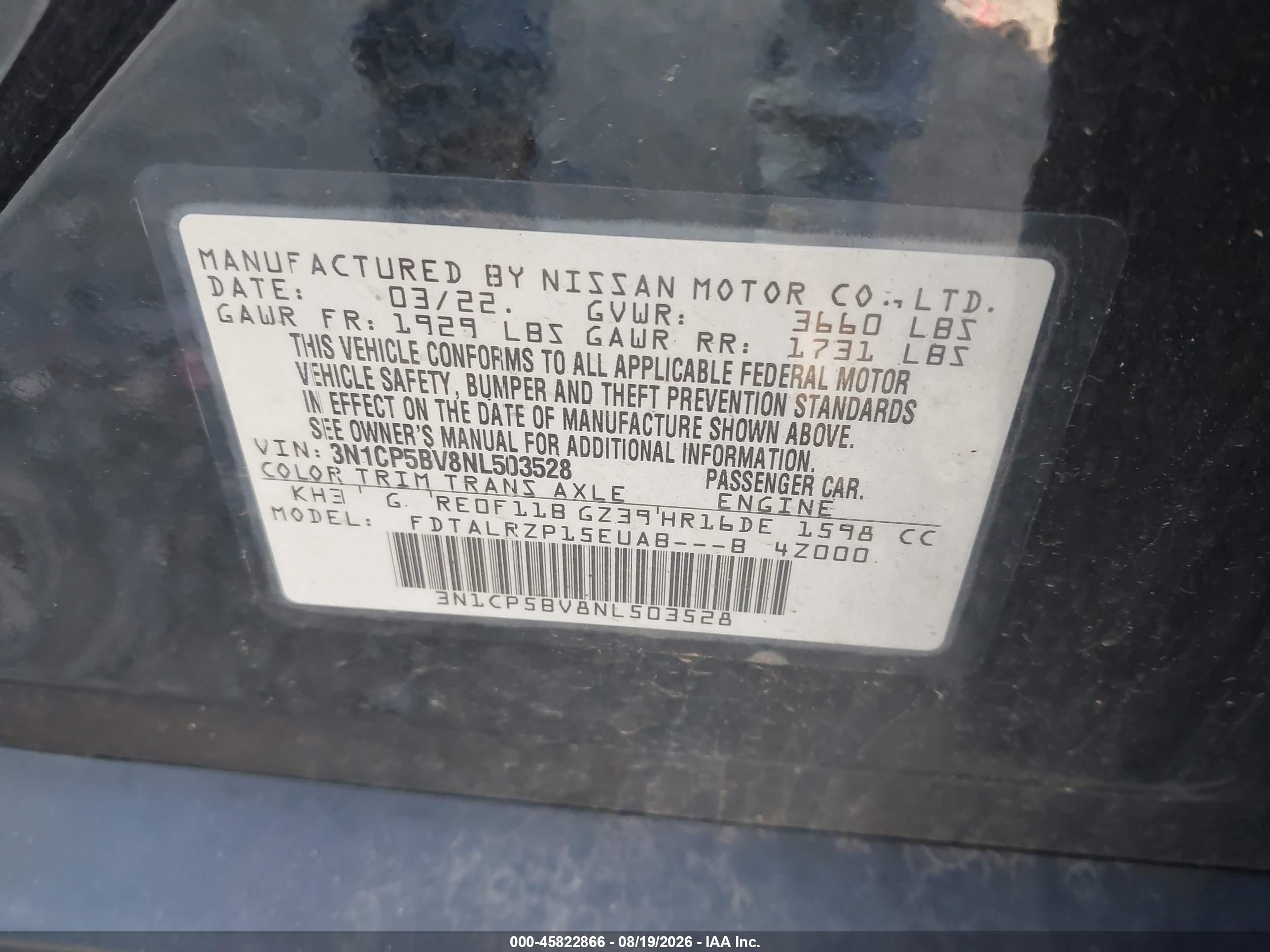 2022 Nissan Kicks S Xtronic Cvt Black vin: 3N1CP5BV8NL503528