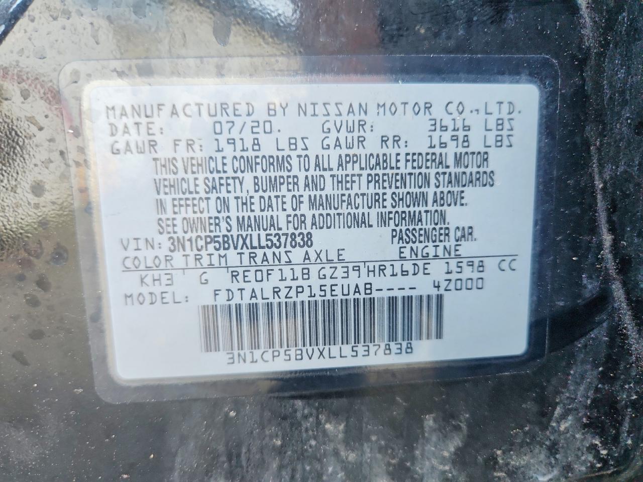 2020 Nissan Kicks S Black vin: 3N1CP5BVXLL537838