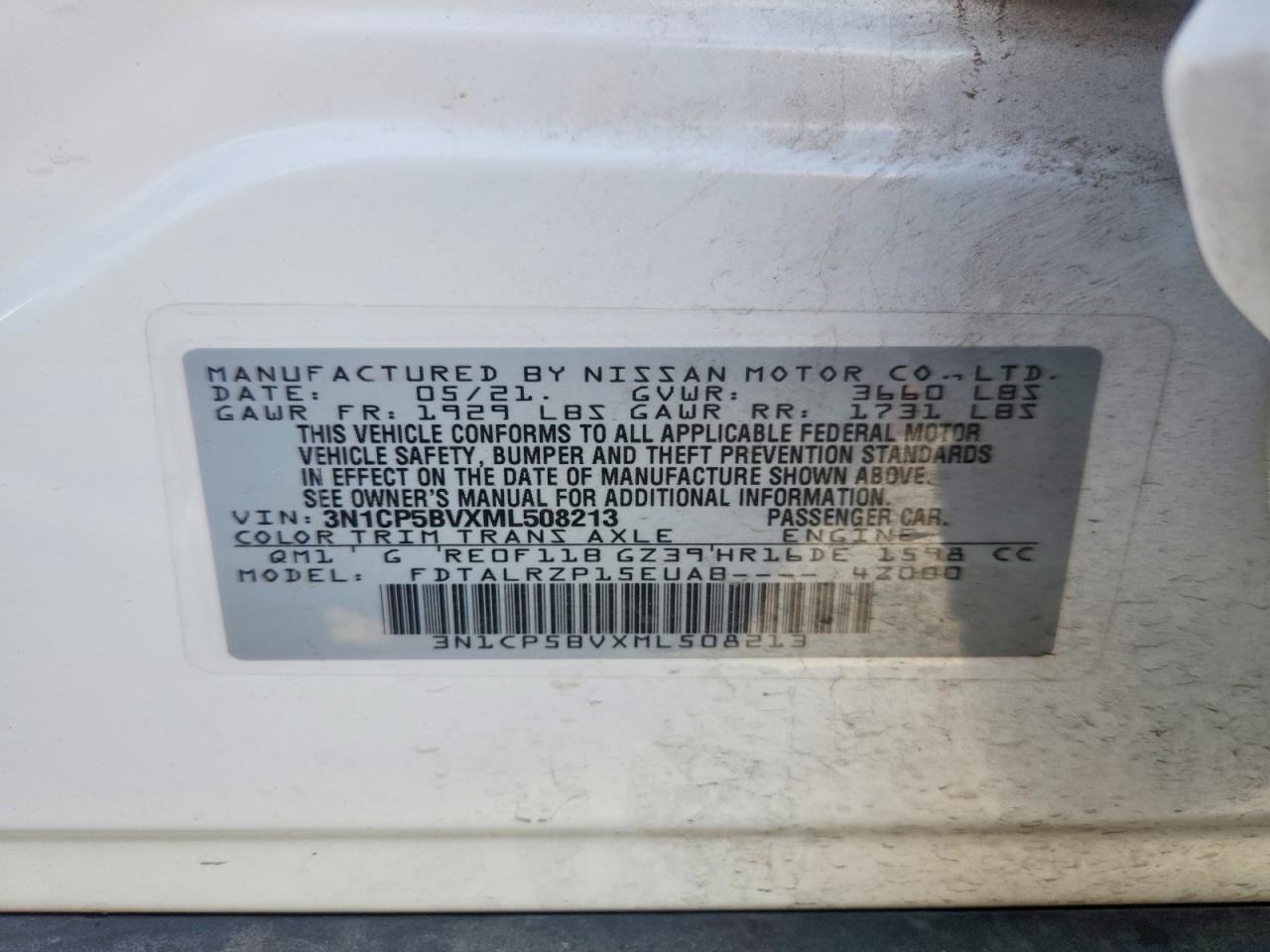 2021 Nissan Kicks S White vin: 3N1CP5BVXML508213
