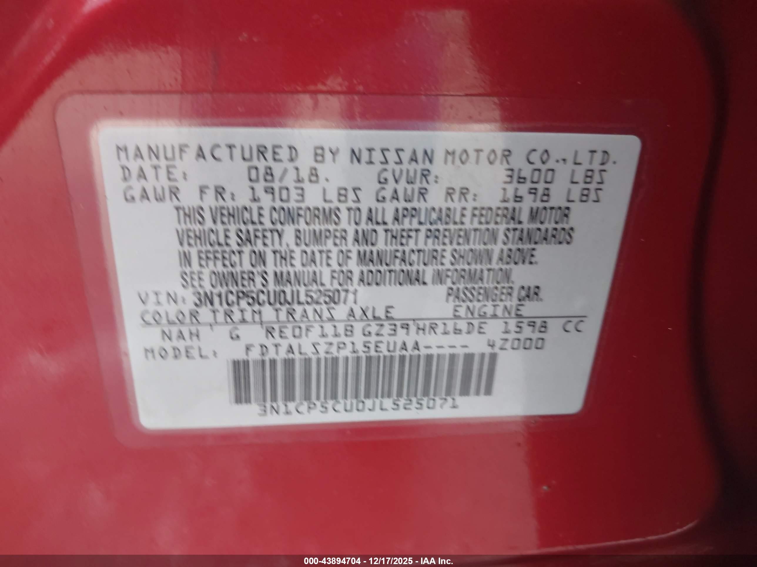 2018 Nissan Kicks Sv Red vin: 3N1CP5CU0JL525071