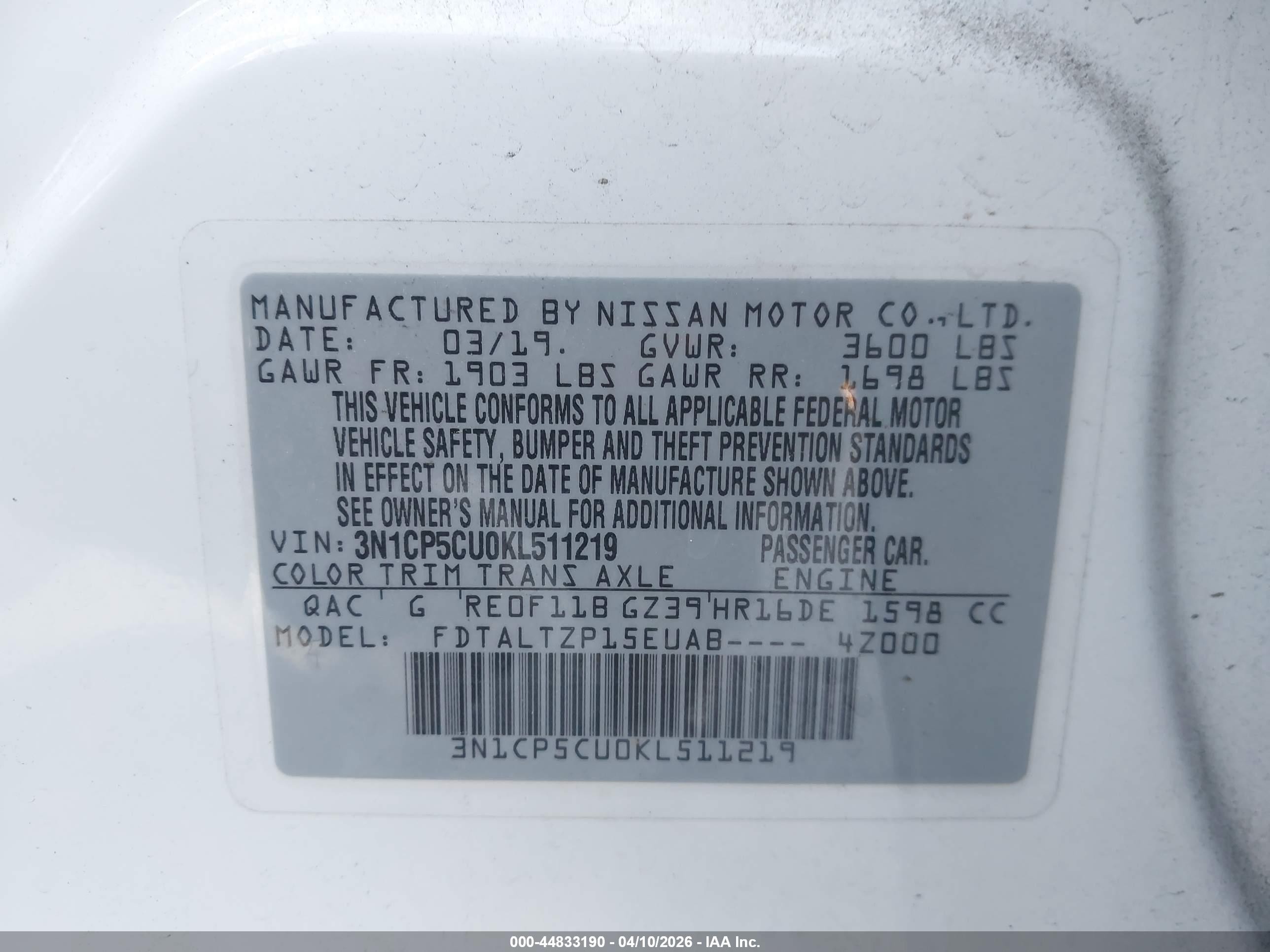 2019 Nissan Kicks Sr Белый vin: 3N1CP5CU0KL511219