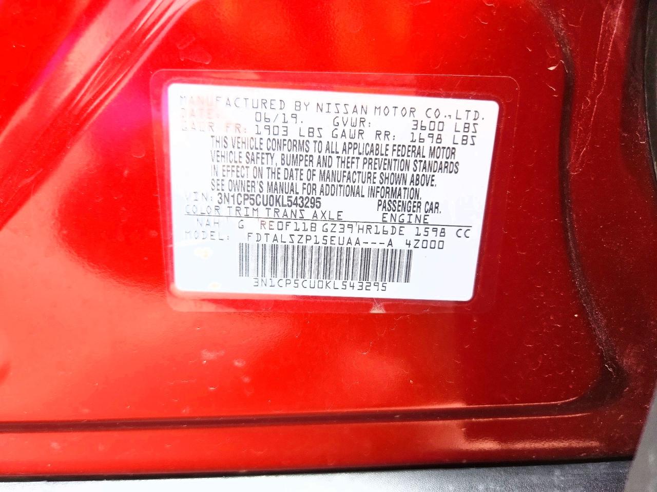 2019 Nissan Kicks Sv Red vin: 3N1CP5CU0KL543295