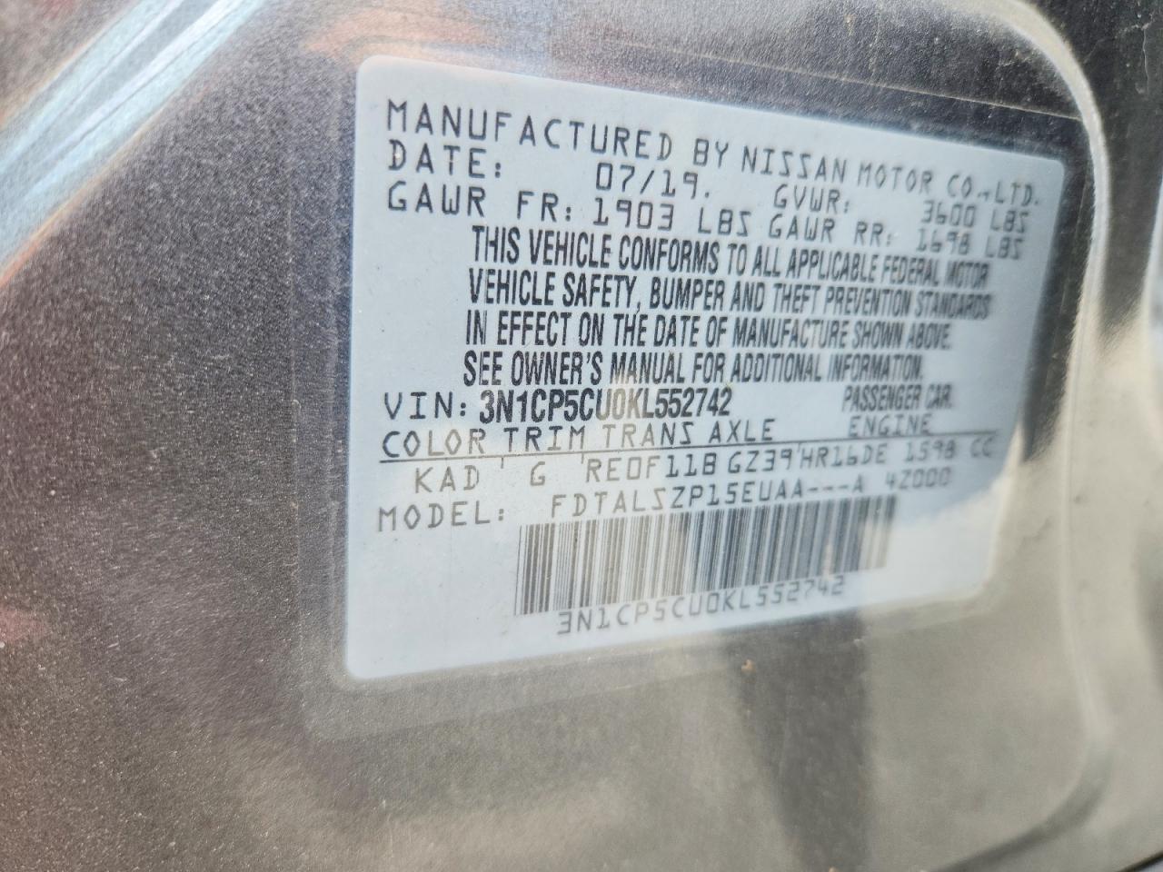 2019 Nissan Kicks Sv Gray vin: 3N1CP5CU0KL552742