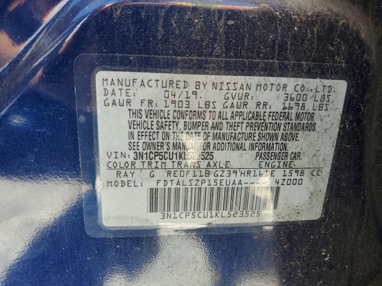 2019 Nissan Kicks Sv Blue vin: 3N1CP5CU1KL523525