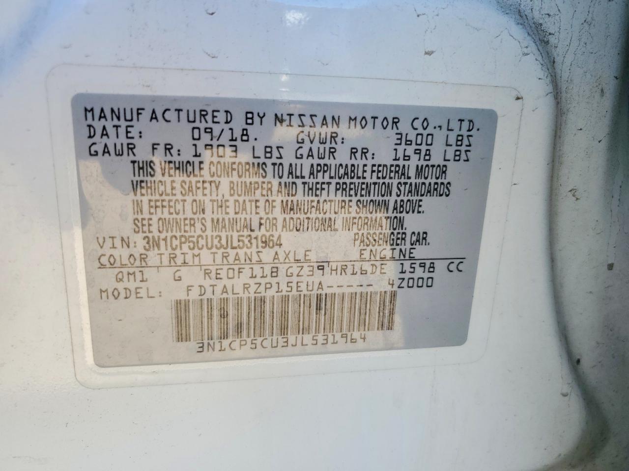 2018 Nissan Kicks S White vin: 3N1CP5CU3JL531964