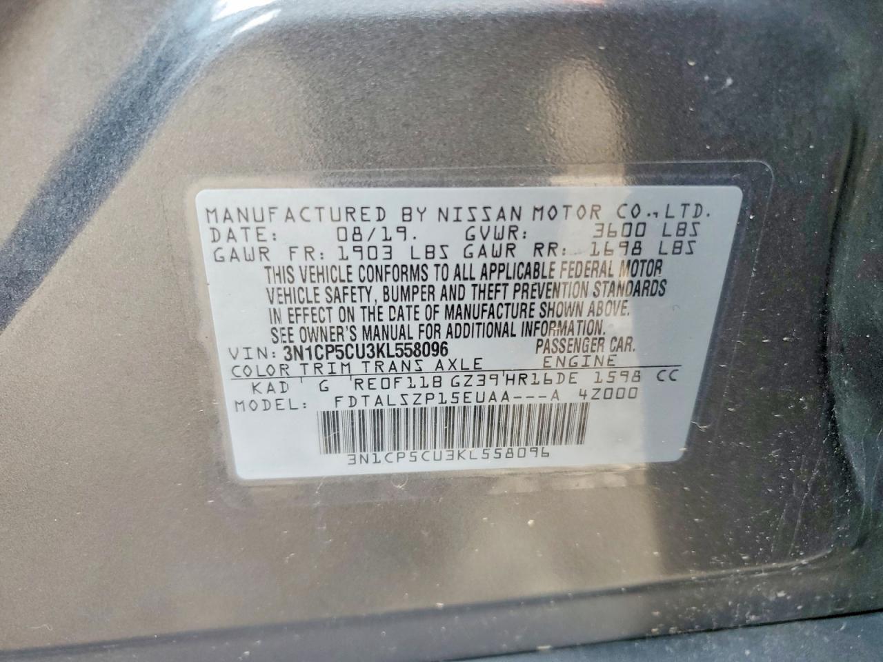 2019 Nissan Kicks Sv Gray vin: 3N1CP5CU3KL558096