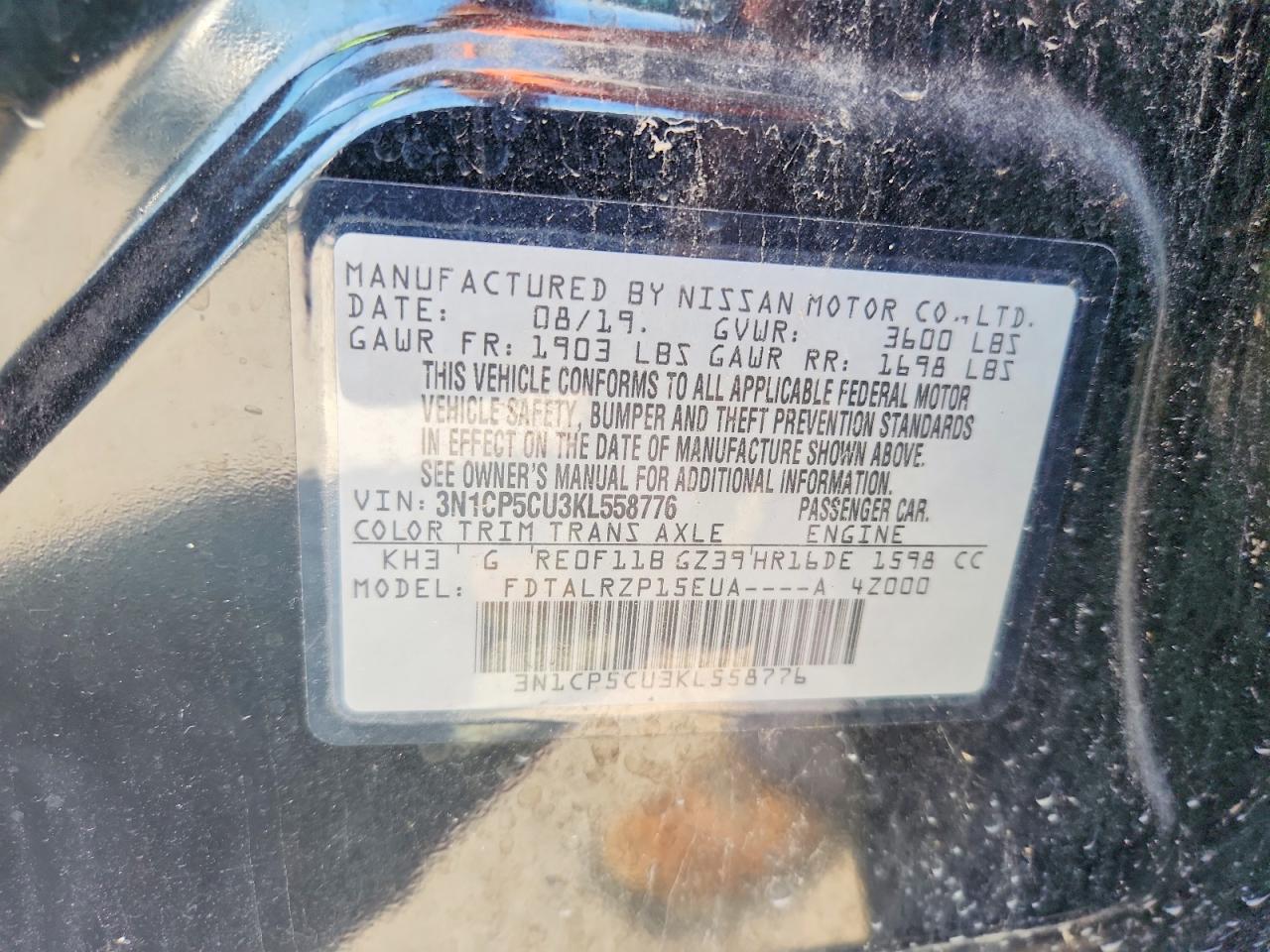 2019 Nissan Kicks S Black vin: 3N1CP5CU3KL558776
