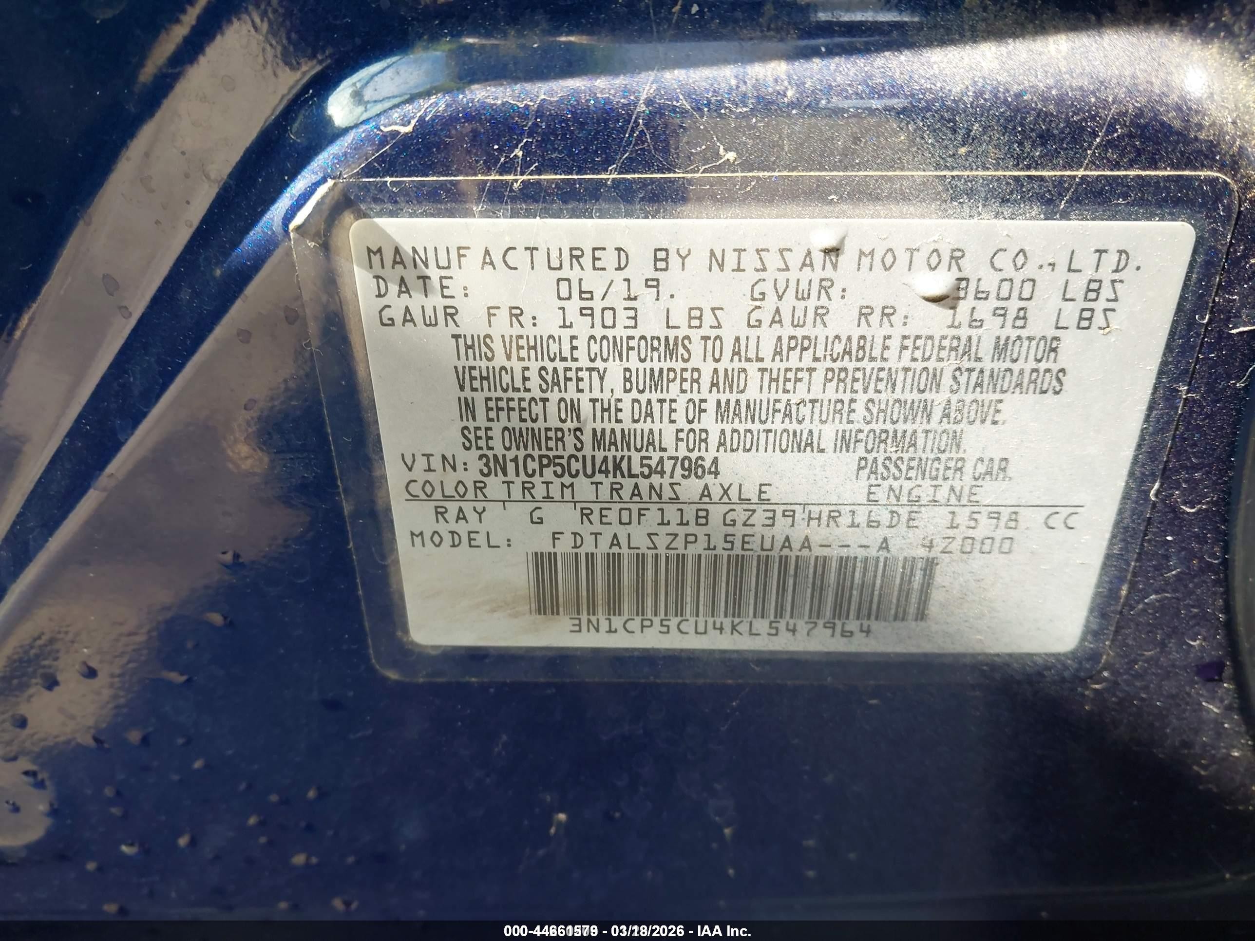 2019 Nissan Kicks Sv Blue vin: 3N1CP5CU4KL547964