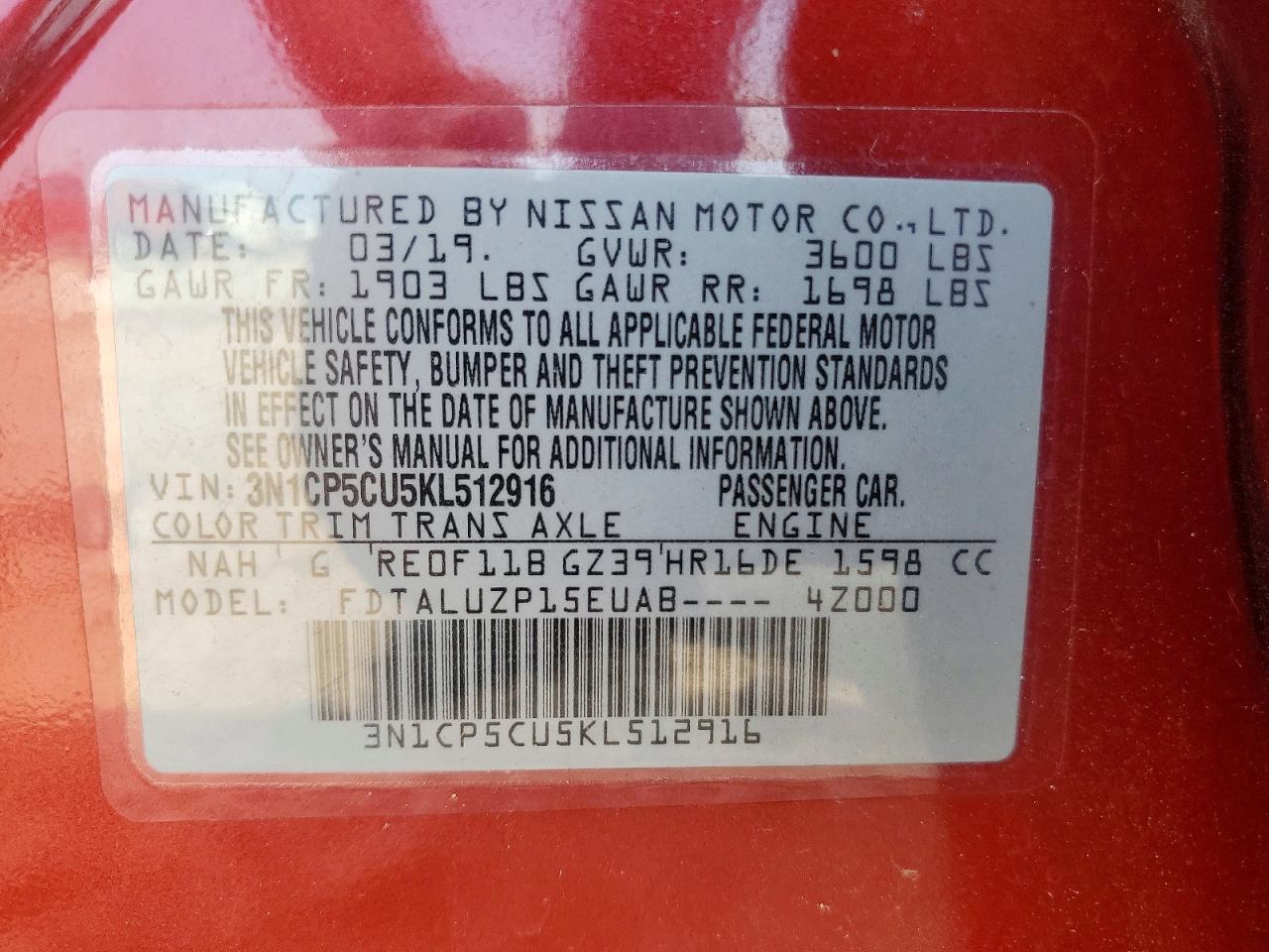 2019 Nissan Kicks Sr Red vin: 3N1CP5CU5KL512916