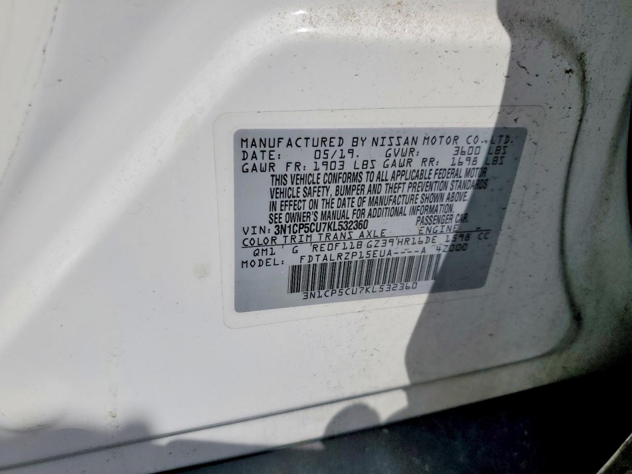 2019 Nissan Kicks S White vin: 3N1CP5CU7KL532360
