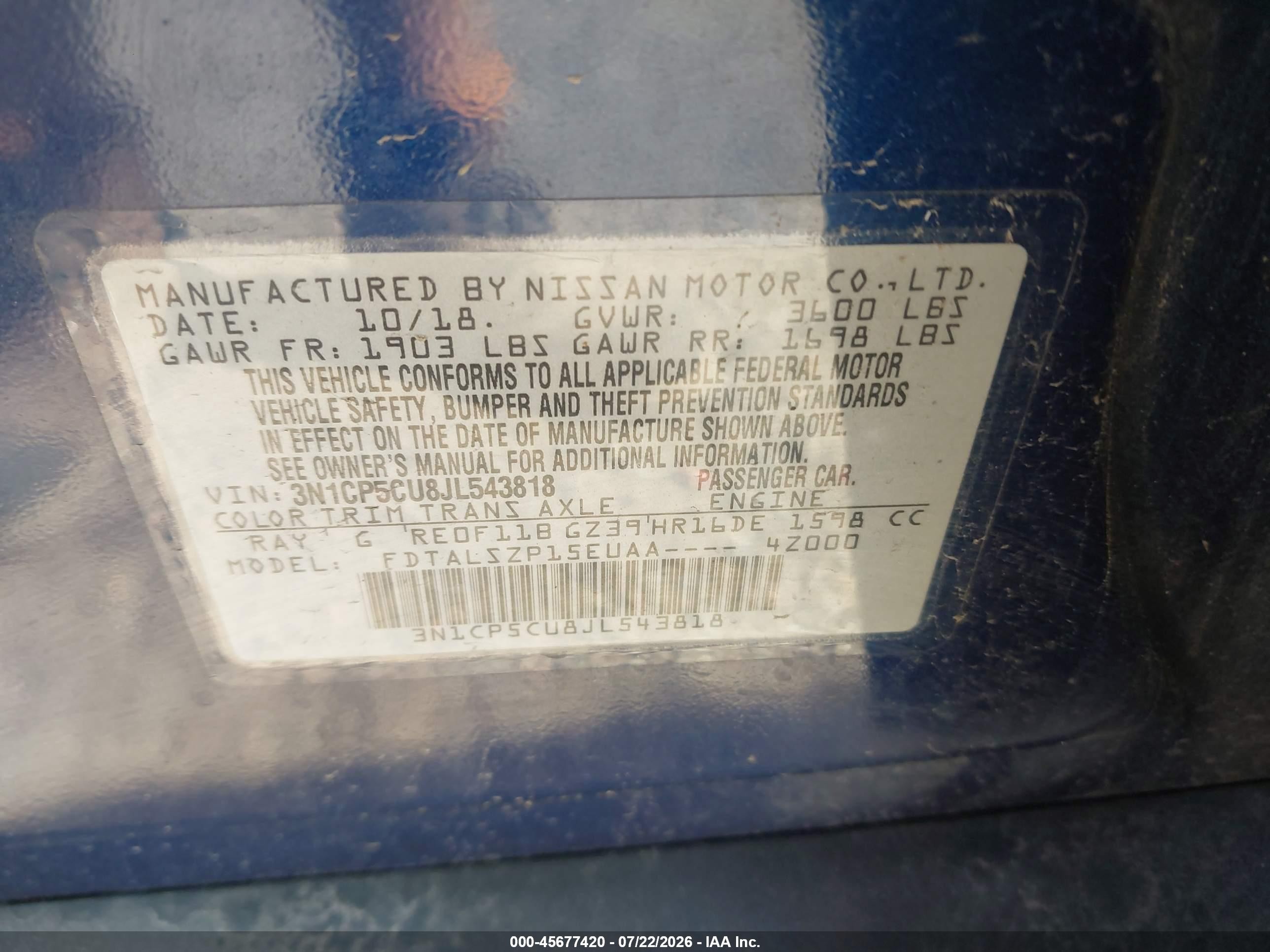 2018 Nissan Kicks Sv Blue vin: 3N1CP5CU8JL543818