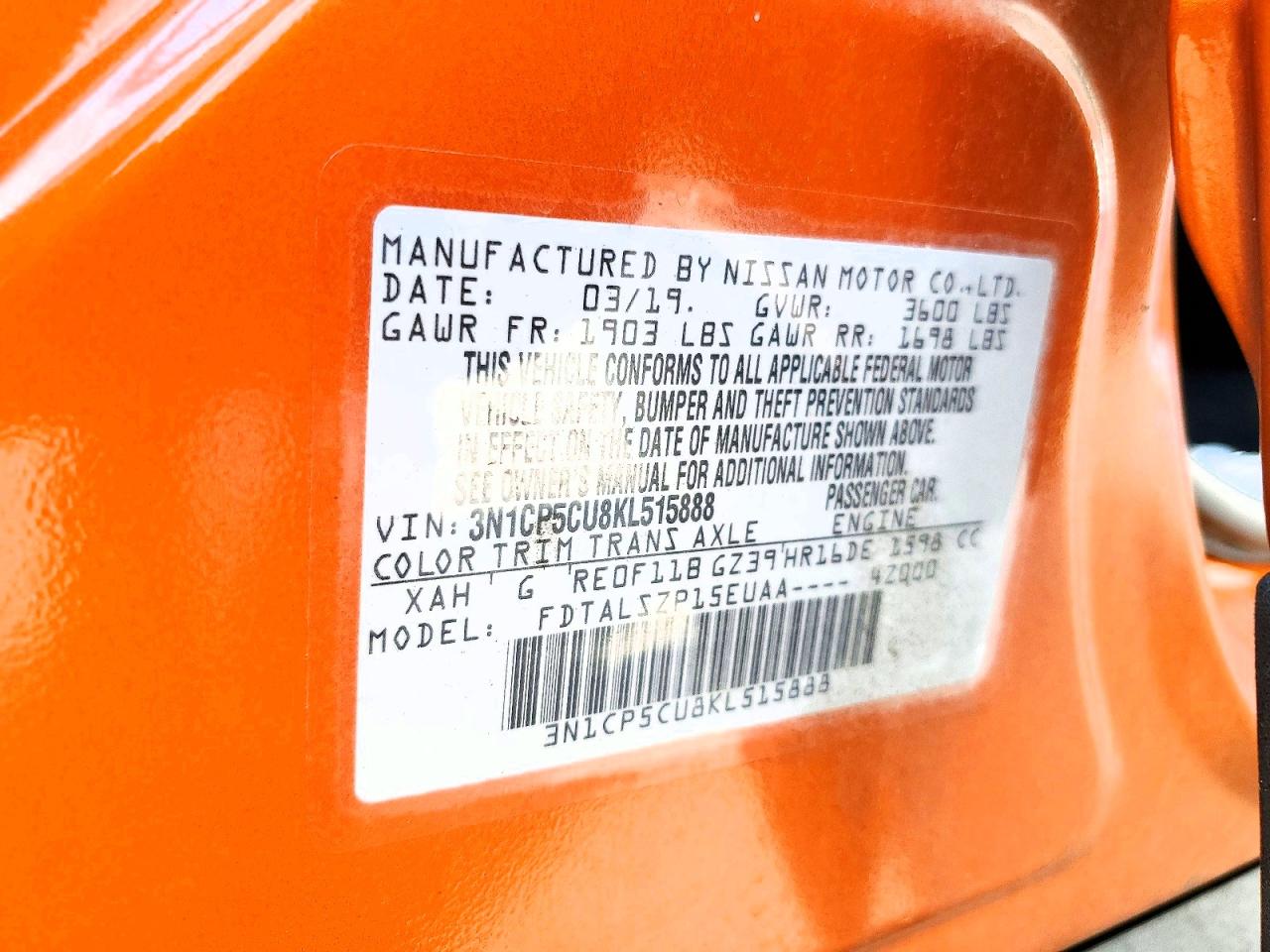 2019 Nissan Kicks Sv Orange vin: 3N1CP5CU8KL515888