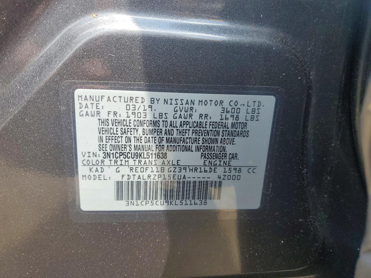 2019 Nissan Kicks S Gray vin: 3N1CP5CU9KL511638