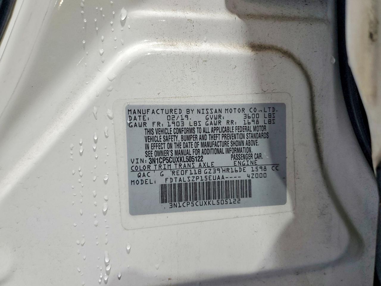 2019 Nissan Kicks Sv White vin: 3N1CP5CUXKL505122