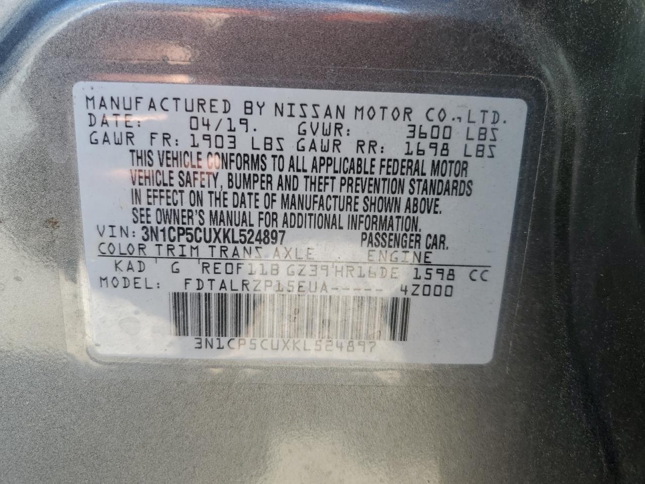 2019 Nissan Kicks S Gray vin: 3N1CP5CUXKL524897