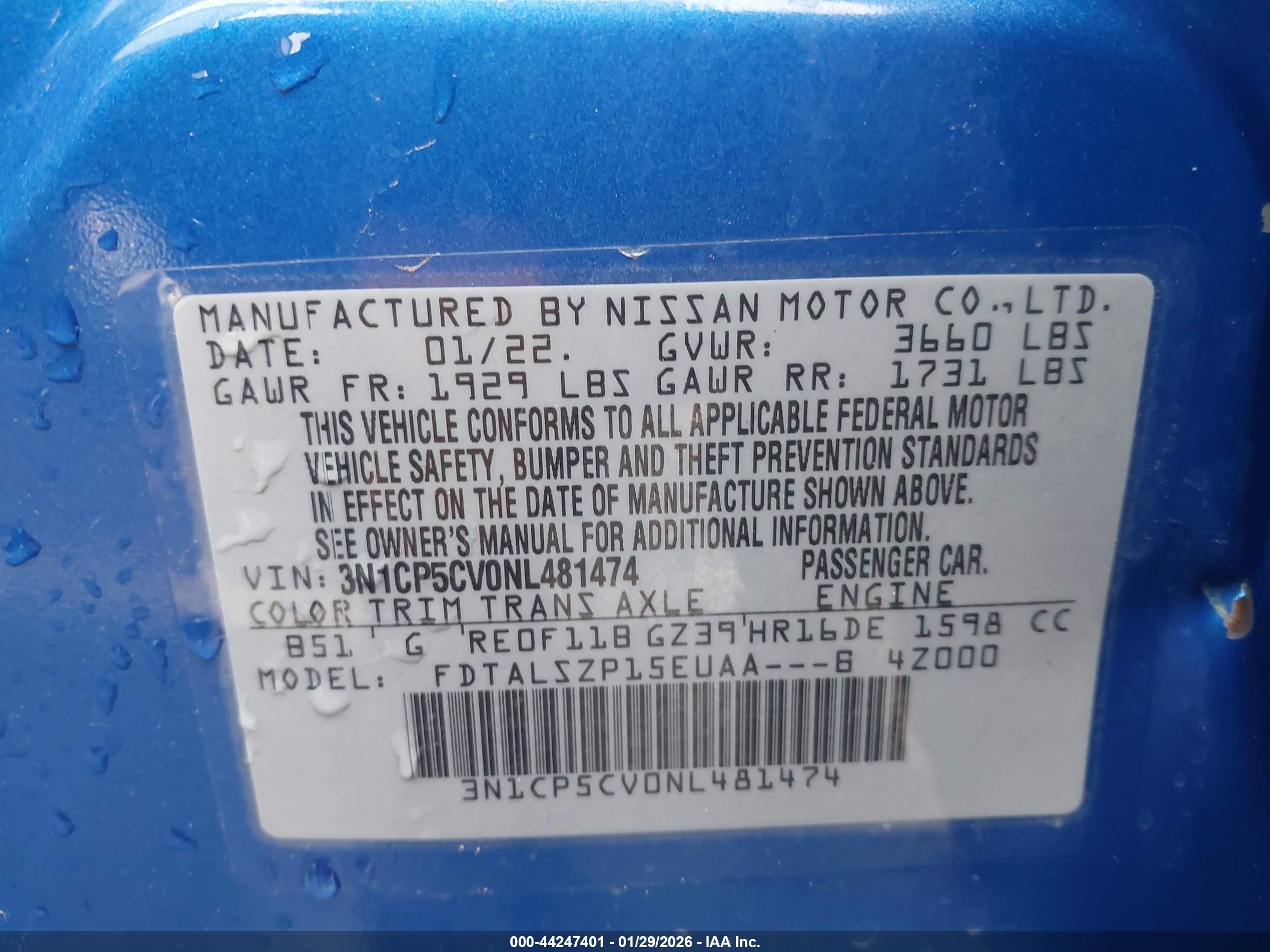2022 Nissan Kicks Sv Xtronic Cvt Blue vin: 3N1CP5CV0NL481474