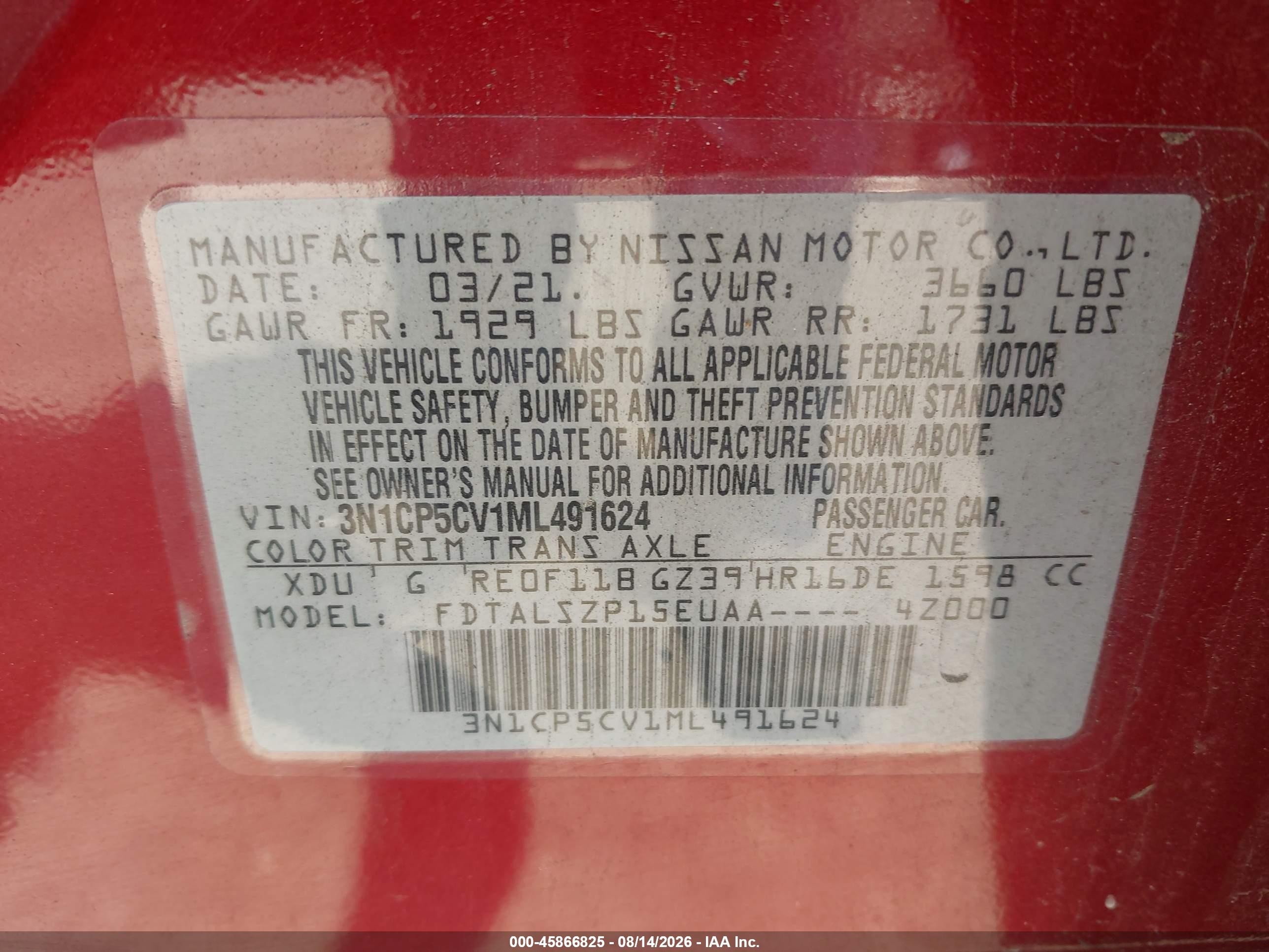 2021 Nissan Kicks Sv Xtronic Cvt Maroon vin: 3N1CP5CV1ML491624