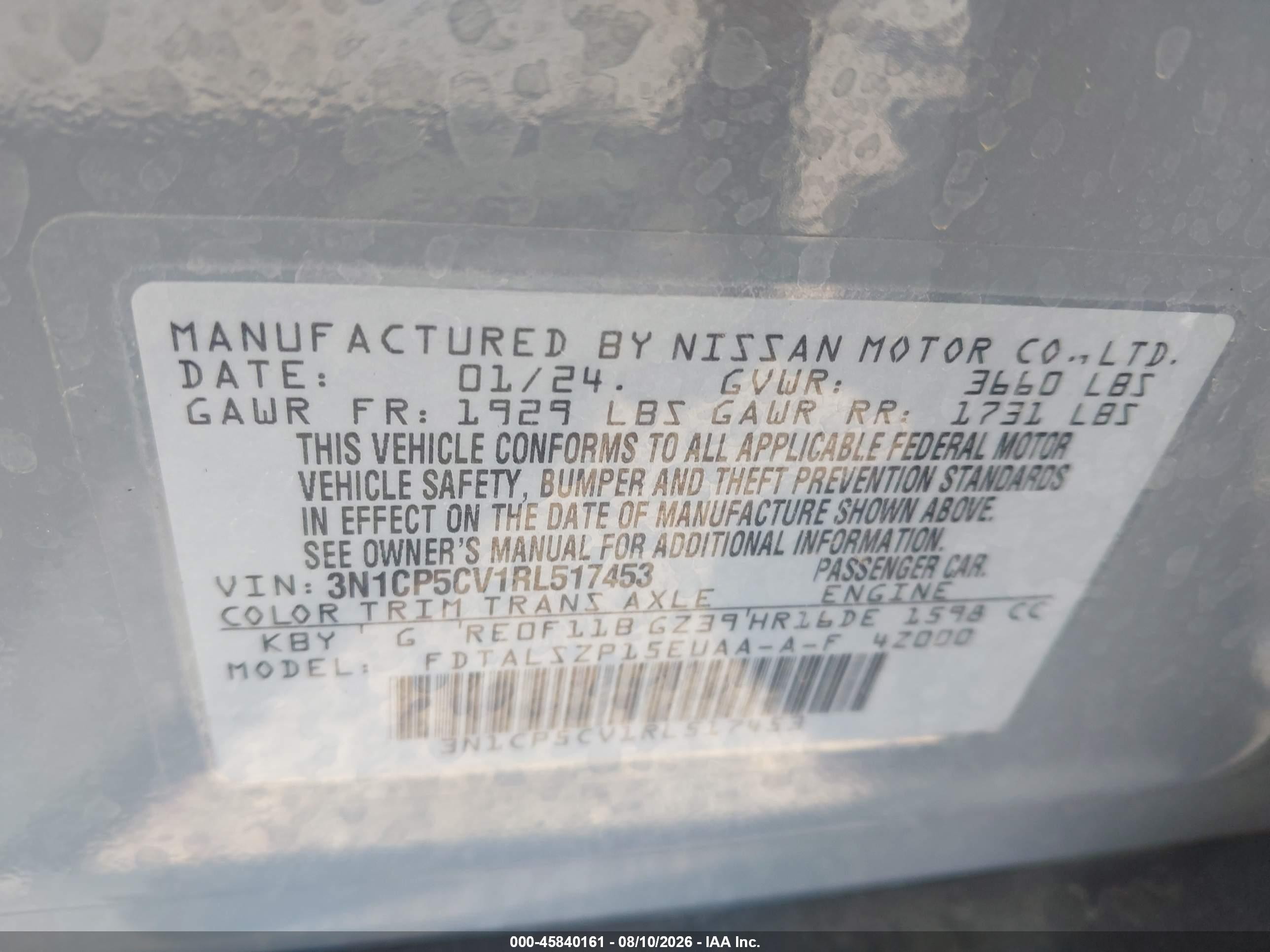 2024 Nissan Kicks Sv Xtronic Cvt Gray vin: 3N1CP5CV1RL517453