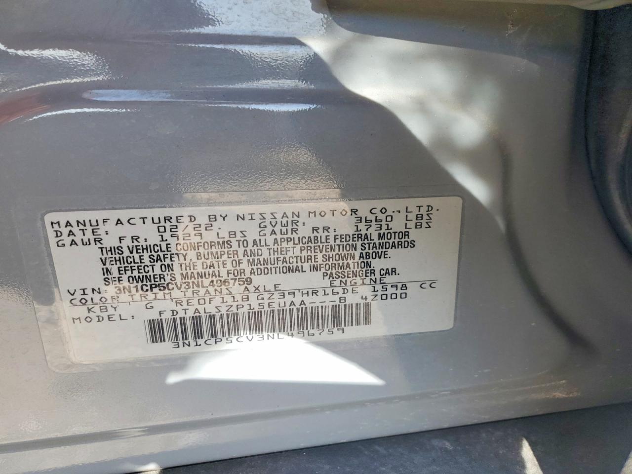 2022 Nissan Kicks Sv Gray vin: 3N1CP5CV3NL496759