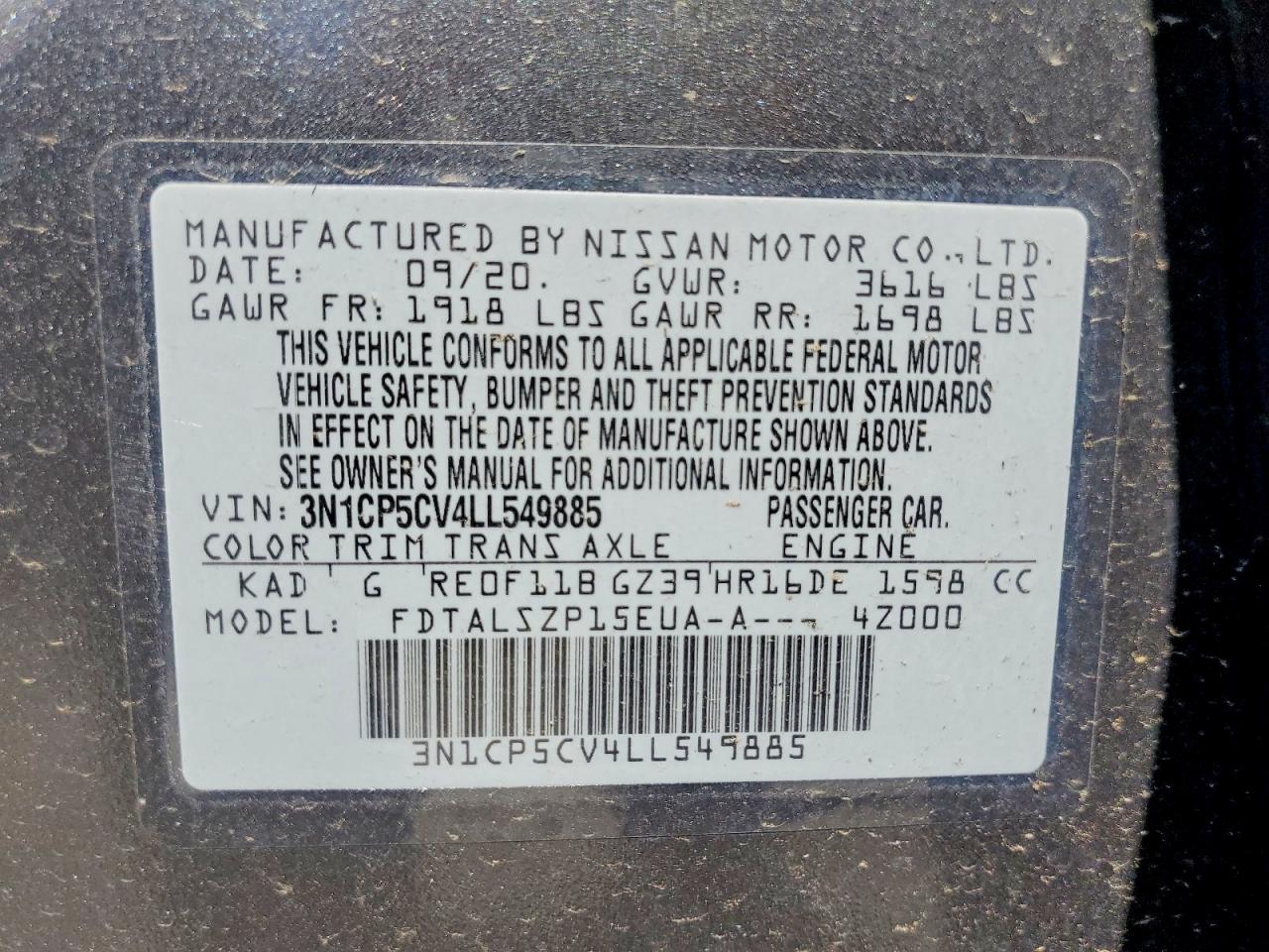 2020 Nissan Kicks Sv Charcoal vin: 3N1CP5CV4LL549885