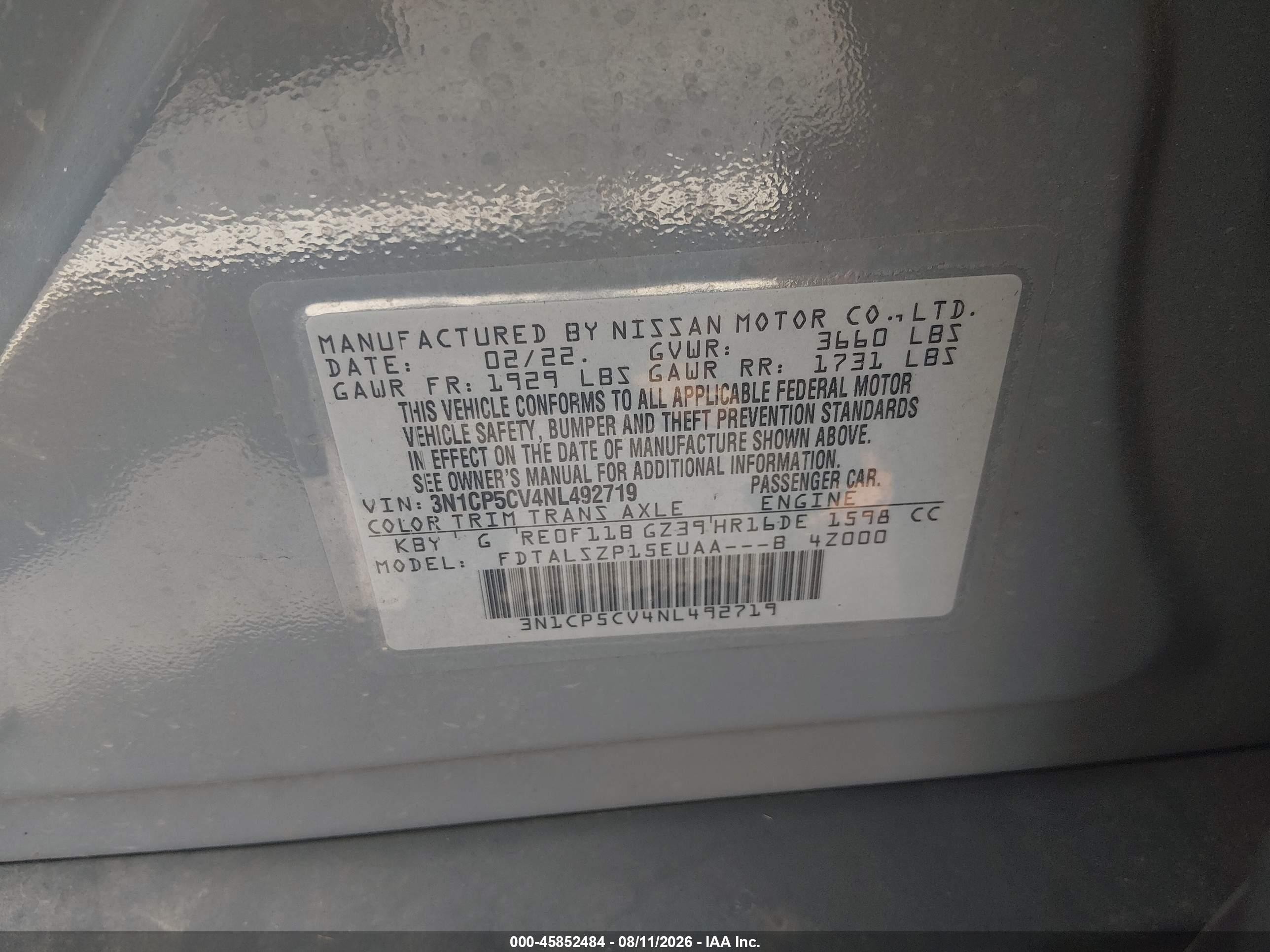 2022 Nissan Kicks Sv Xtronic Cvt Light Blue vin: 3N1CP5CV4NL492719