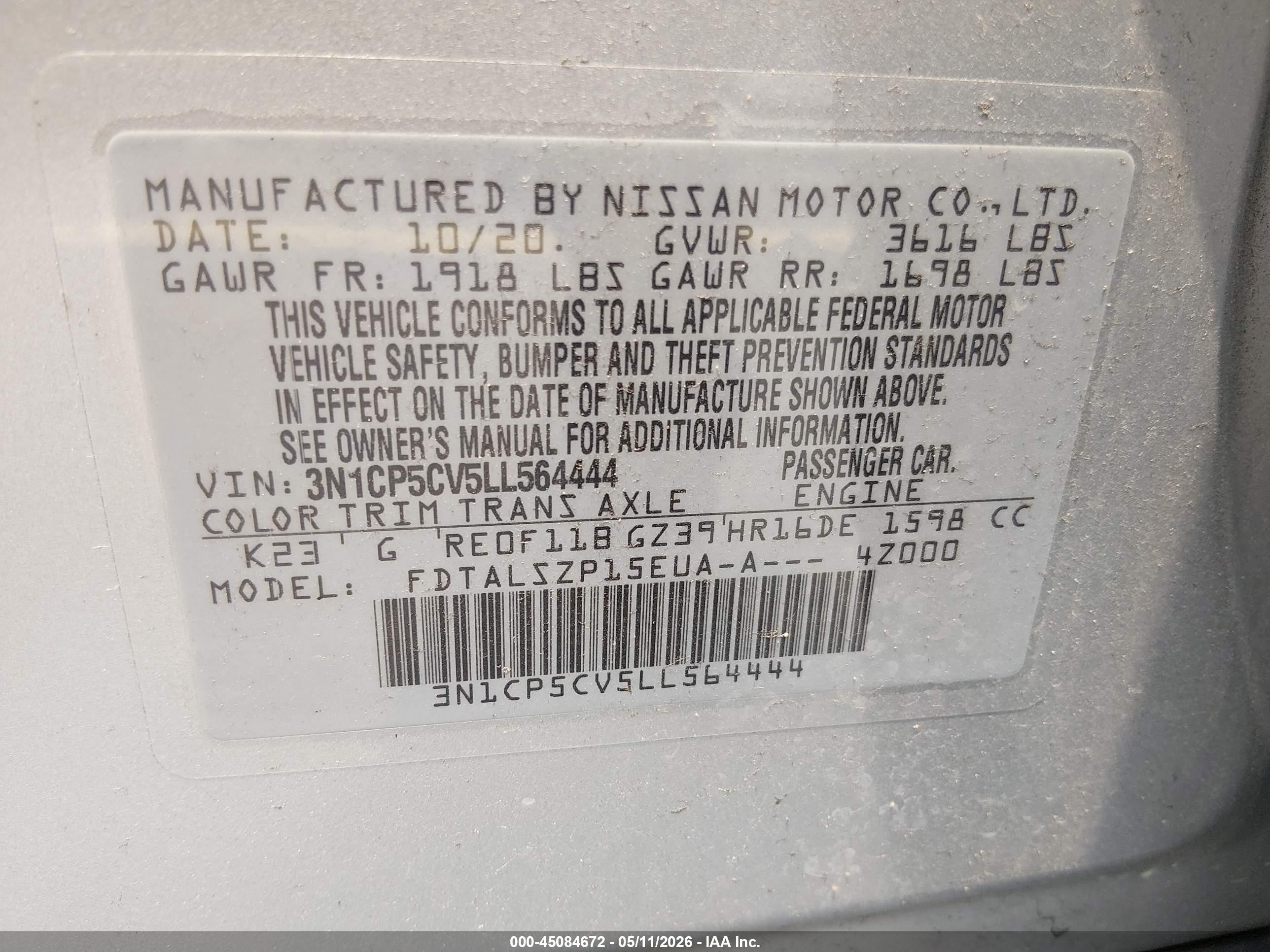 2020 Nissan Kicks Sv Xtronic Cvt Silver vin: 3N1CP5CV5LL564444