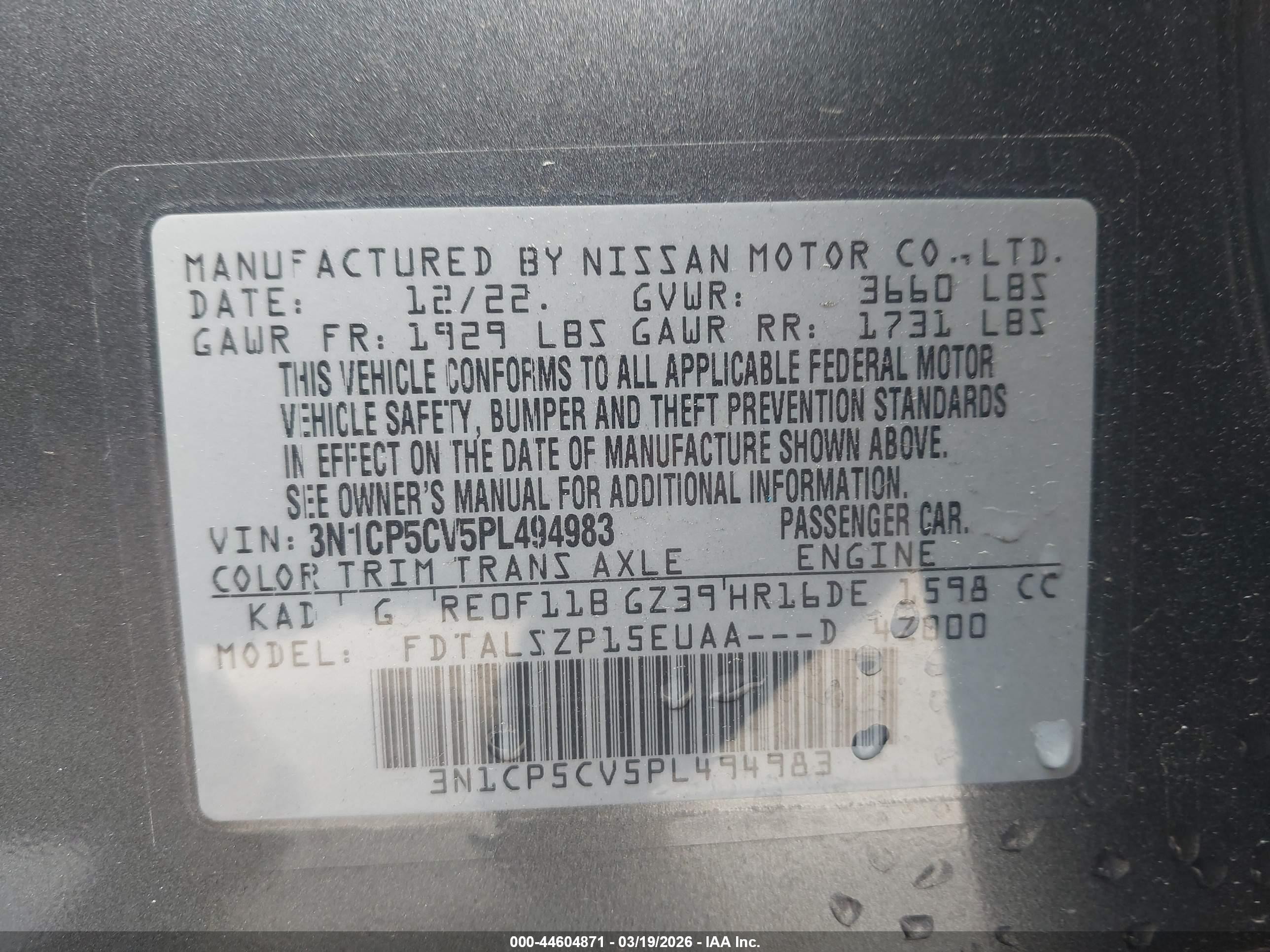 2023 Nissan Kicks Sv Xtronic Cvt Gray vin: 3N1CP5CV5PL494983
