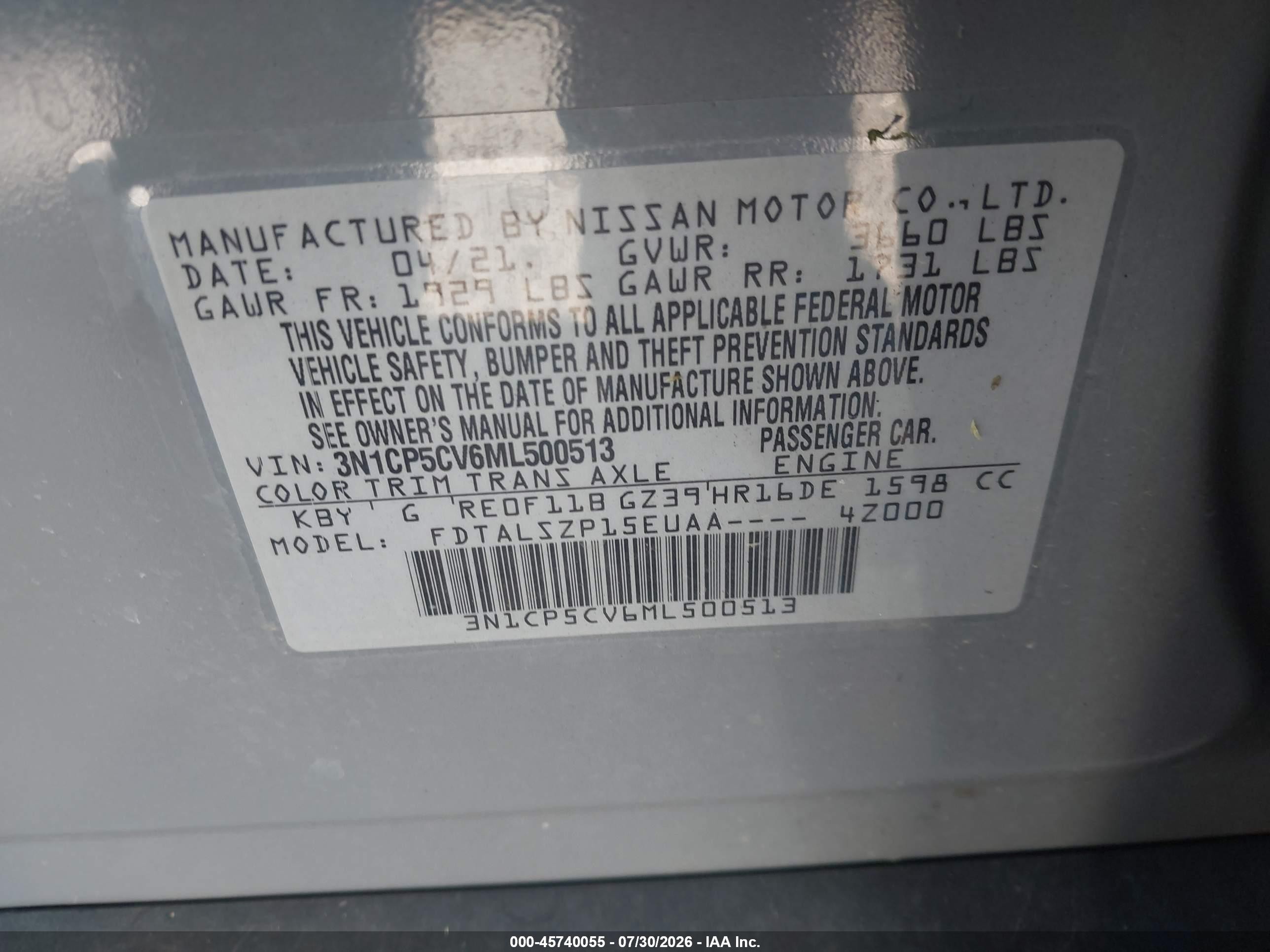 2021 Nissan Kicks Sv Xtronic Cvt Gray vin: 3N1CP5CV6ML500513