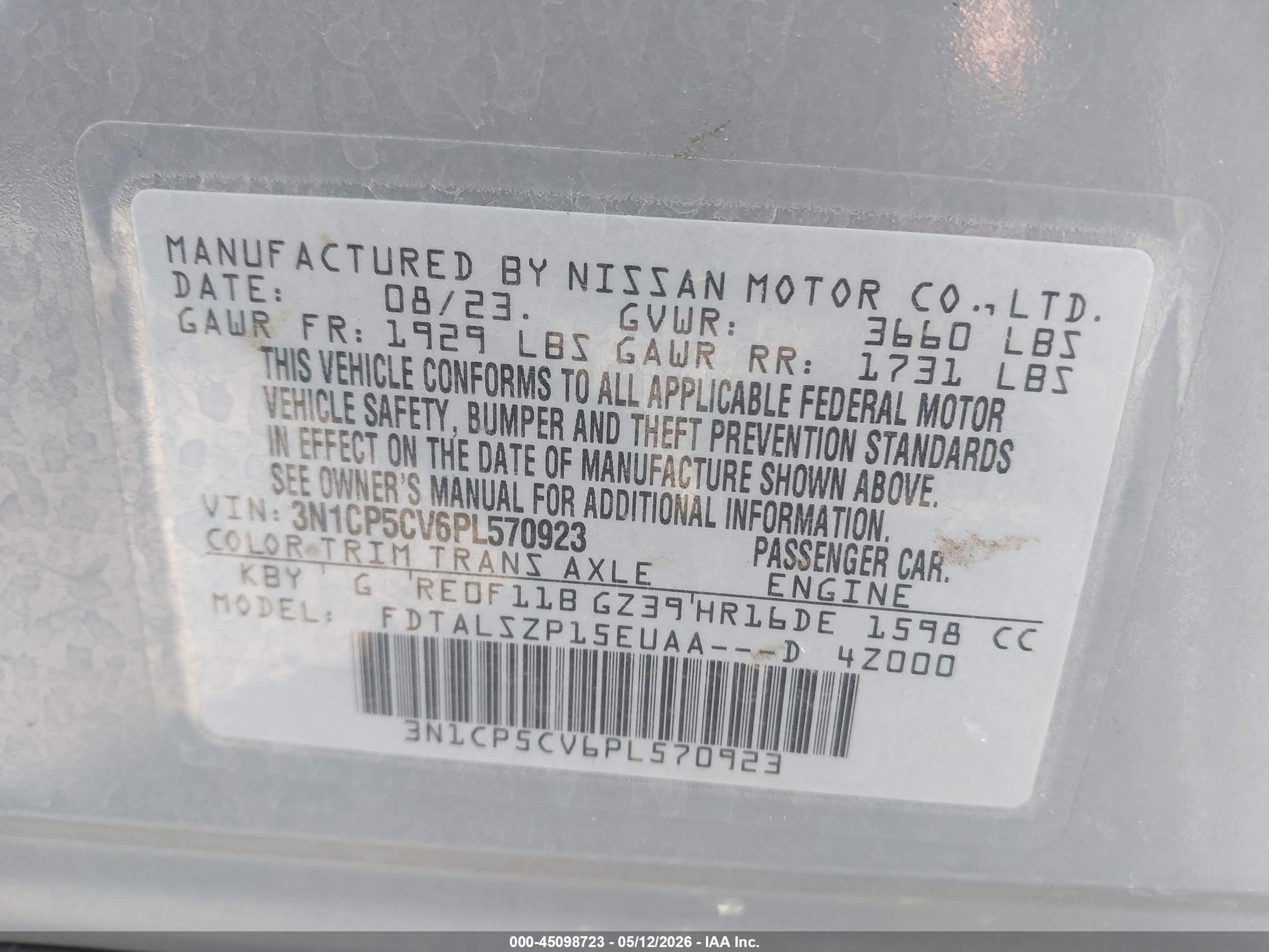 2023 Nissan Kicks Sv Xtronic Cvt Gray vin: 3N1CP5CV6PL570923