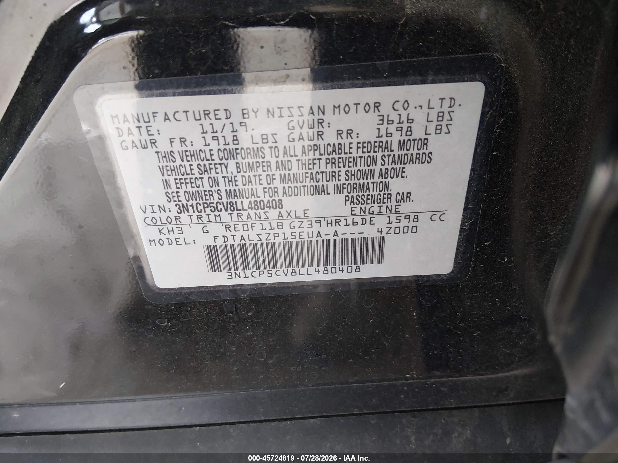2020 Nissan Kicks Sv Xtronic Cvt Черный vin: 3N1CP5CV8LL480408