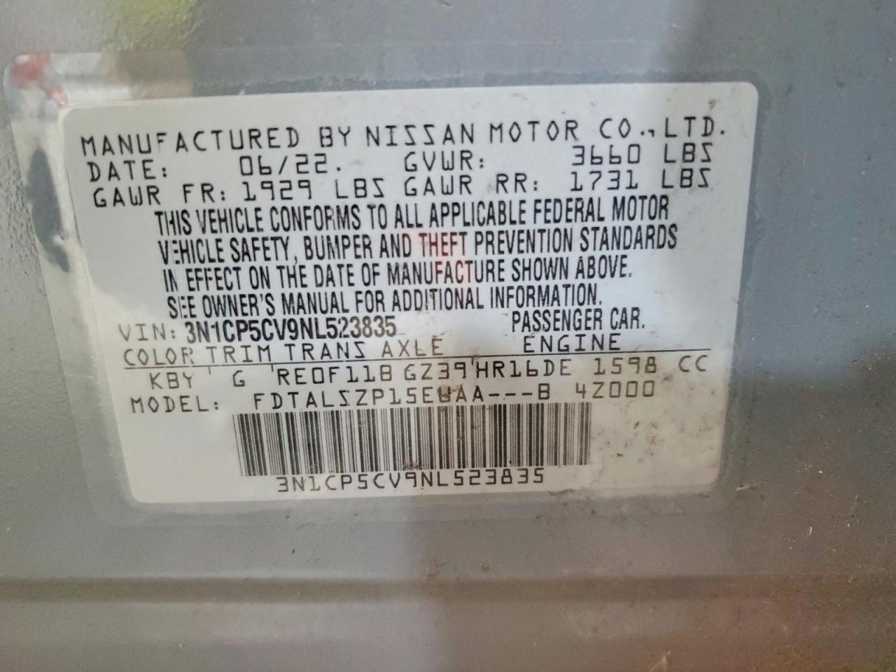 2022 Nissan Kicks Sv Gray vin: 3N1CP5CV9NL523835