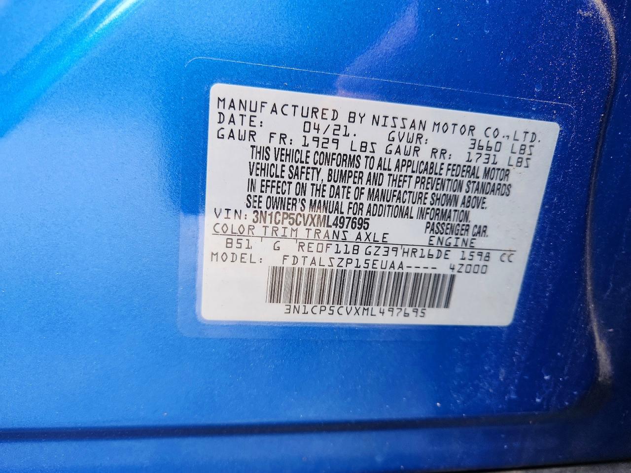 2021 Nissan Kicks Sv Blue vin: 3N1CP5CVXML497695