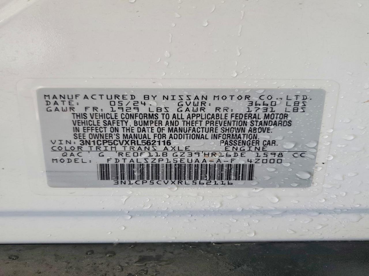 2024 Nissan Kicks Sv White vin: 3N1CP5CVXRL562116