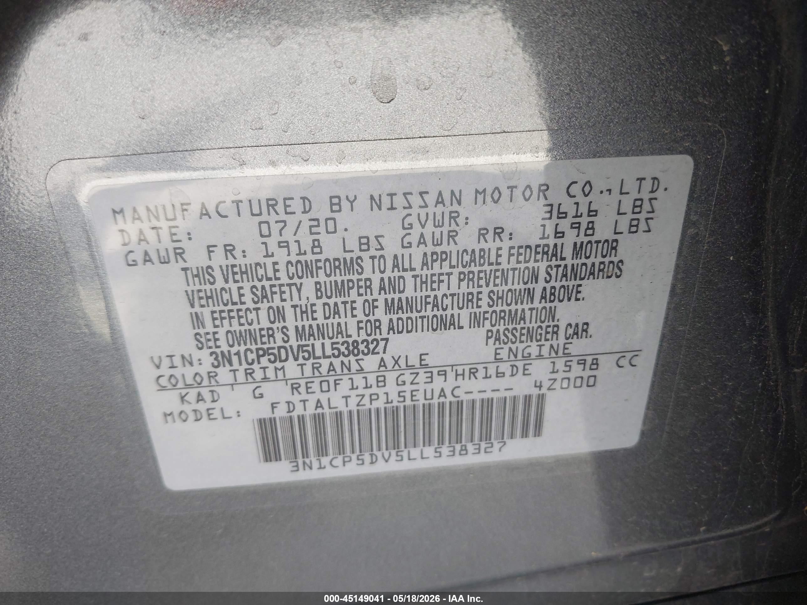 2020 Nissan Kicks Sr Xtronic Cvt Gray vin: 3N1CP5DV5LL538327