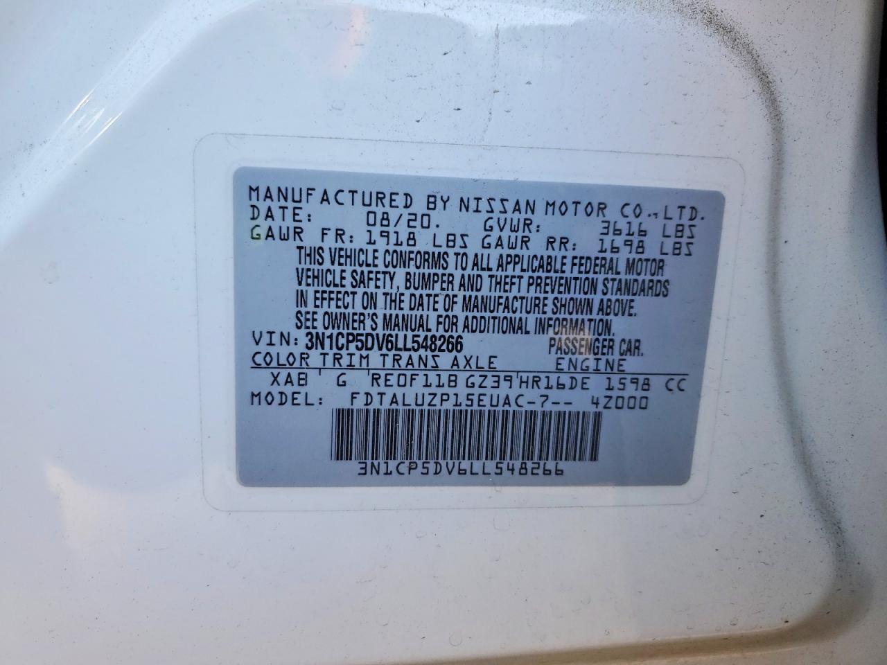 2020 Nissan Kicks Sr White vin: 3N1CP5DV6LL548266