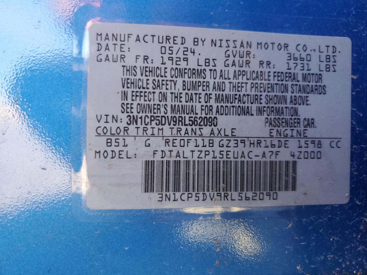 2024 Nissan Kicks Sr Blue vin: 3N1CP5DV9RL562090