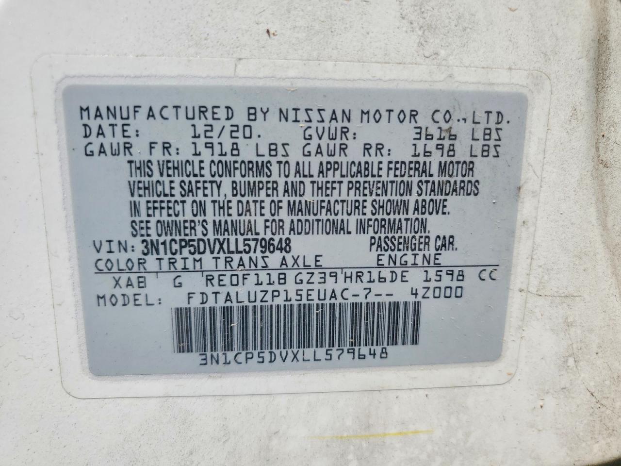 2020 Nissan Kicks Sr White vin: 3N1CP5DVXLL579648