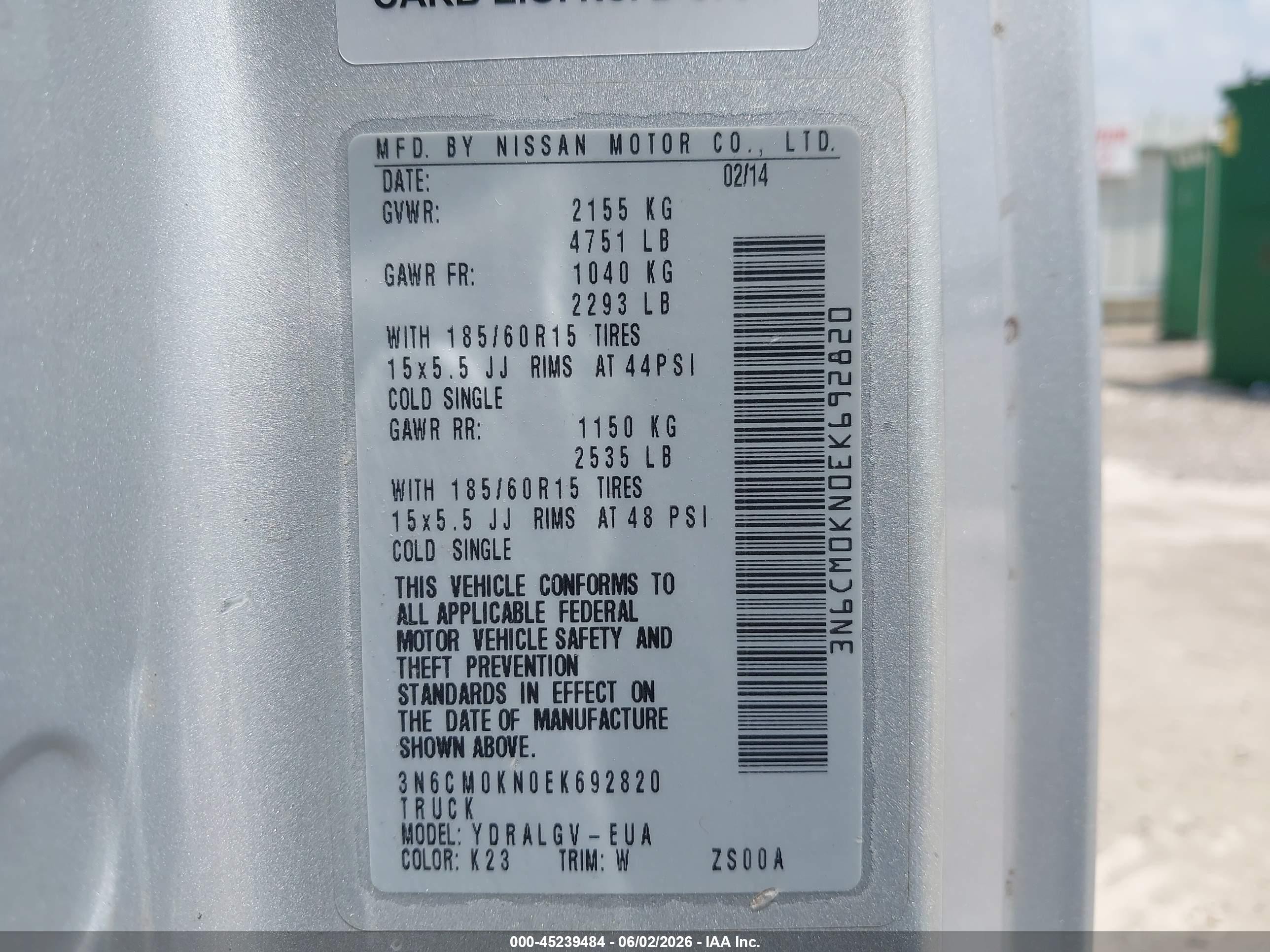 2014 Nissan Nv200 Sv Silver vin: 3N6CM0KN0EK692820