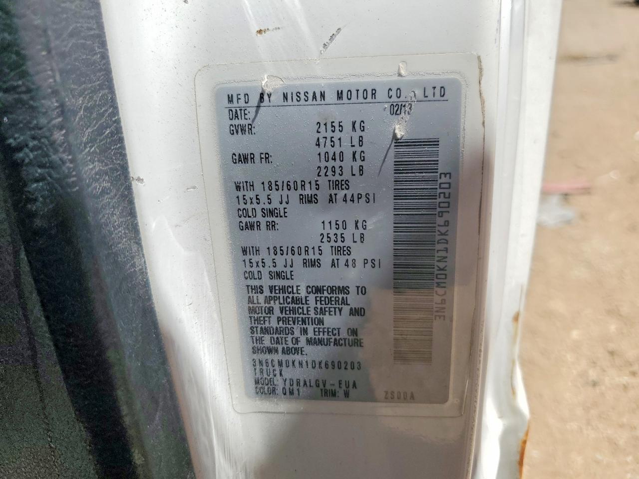 2013 Nissan Nv200 S White vin: 3N6CM0KN1DK690203