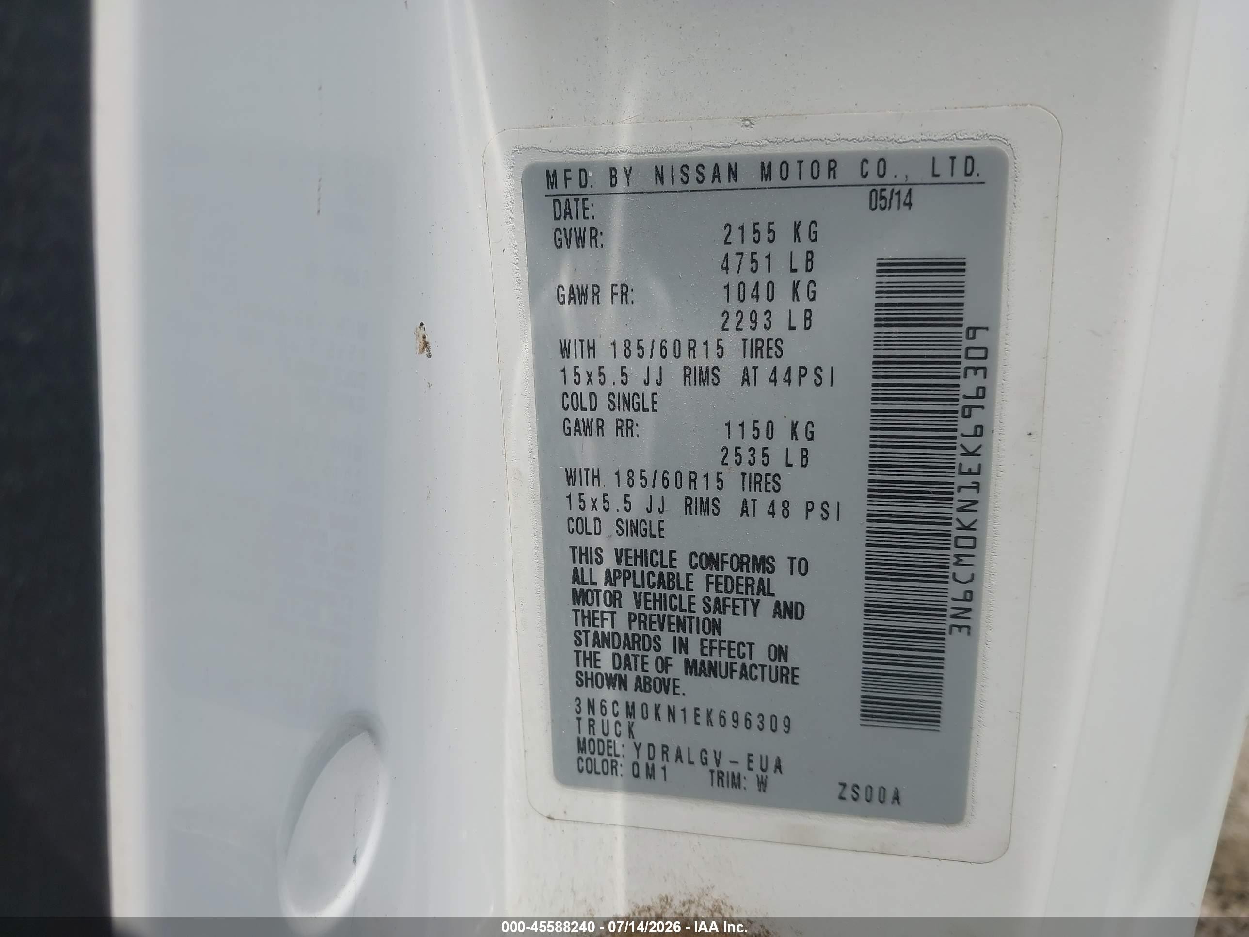 2014 Nissan Nv200 Sv White vin: 3N6CM0KN1EK696309